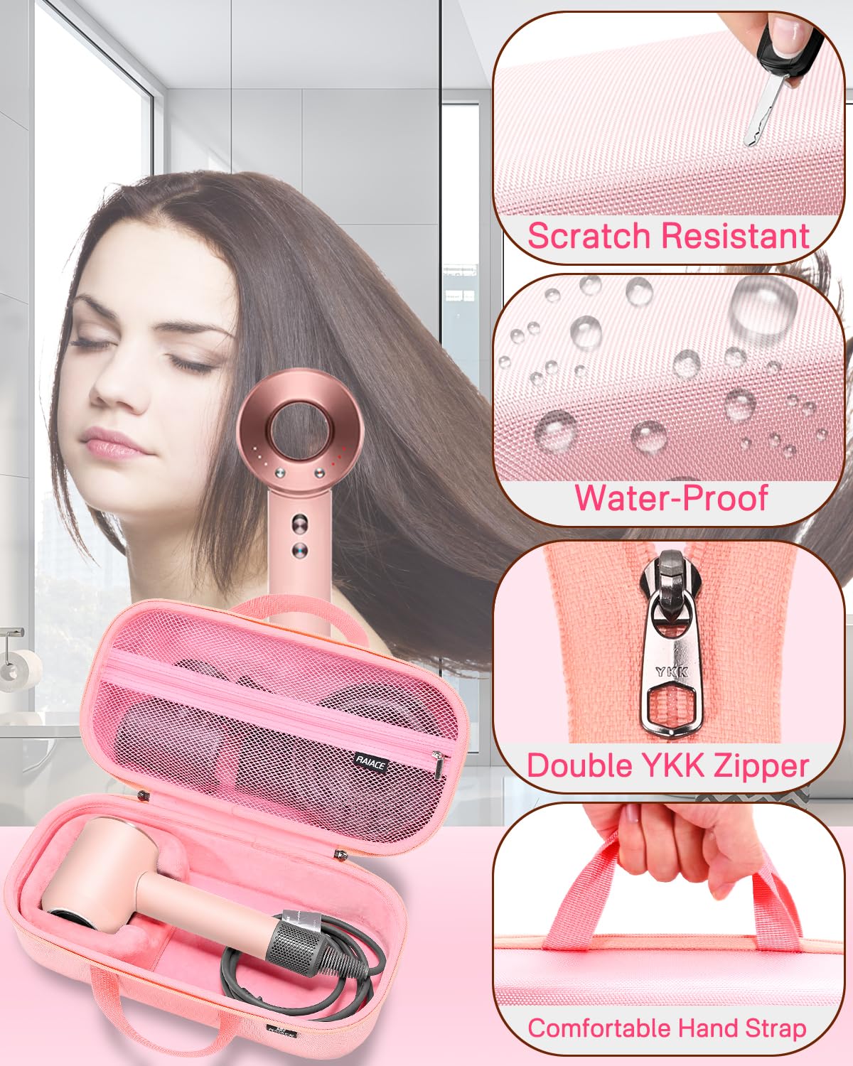 RAIACE Hard Storage Case Compatible with Dyson Hair Dryer, Travel Carrying Bag. (for Sale is case only). - Rose Red
