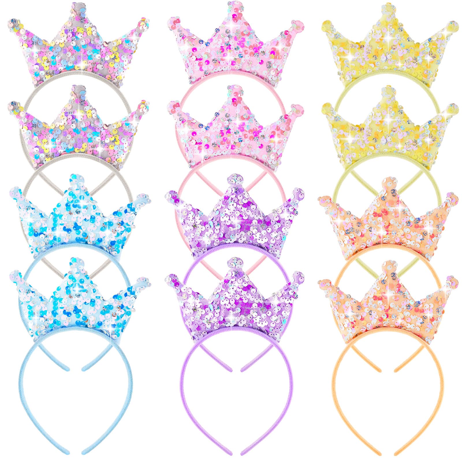 Juexica 12 Packs Princess Crown Headband Girls Glitter Headbands Sequin Crown Headband Princess Party Favors Tiaras for Girls(Mu
