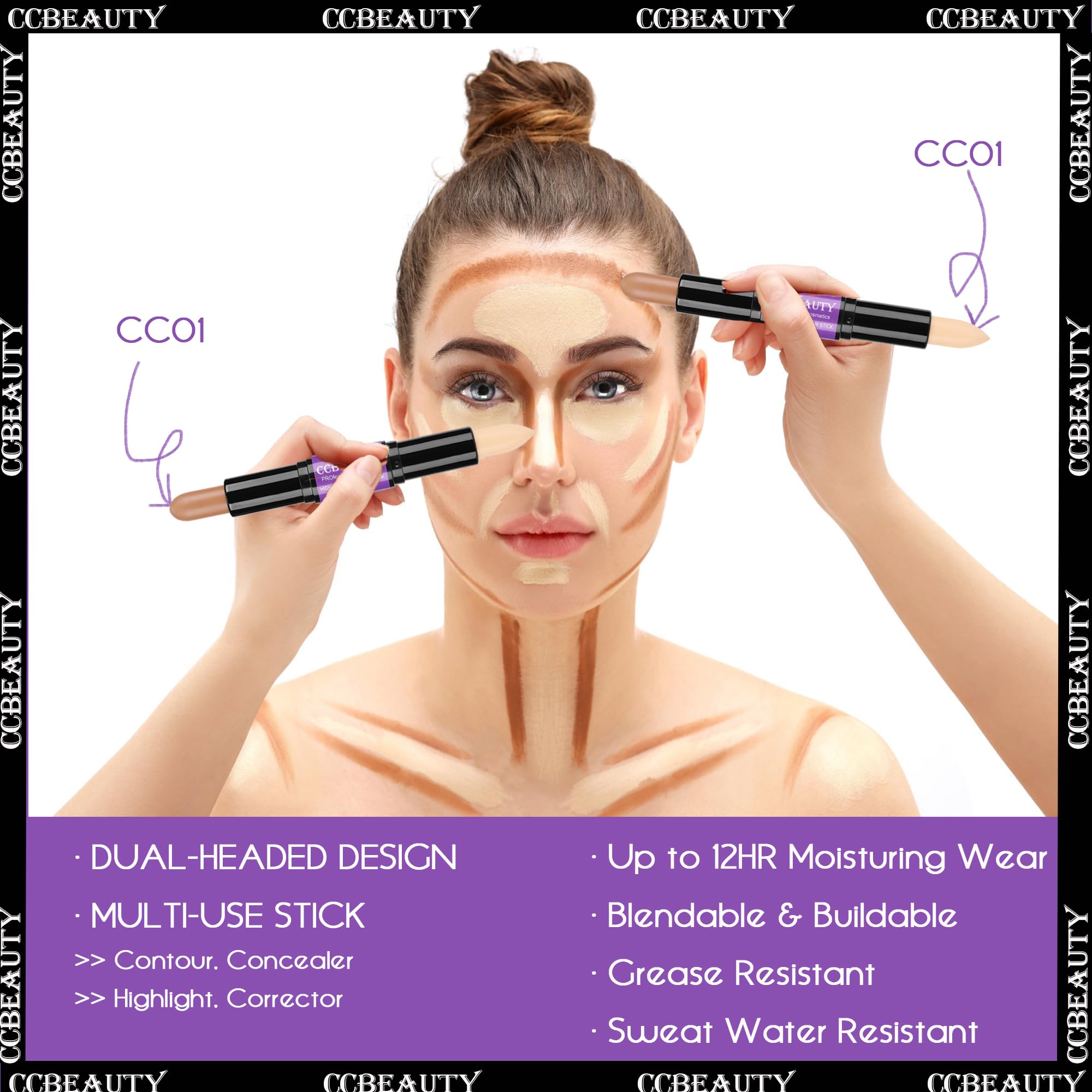 Ccbeauty 2-In-1 Contour Stick Cool Tone, Cream Dual Bronzer Concealer Shade With Cool Toned Matte Finish, Contouring Bronzing Ma