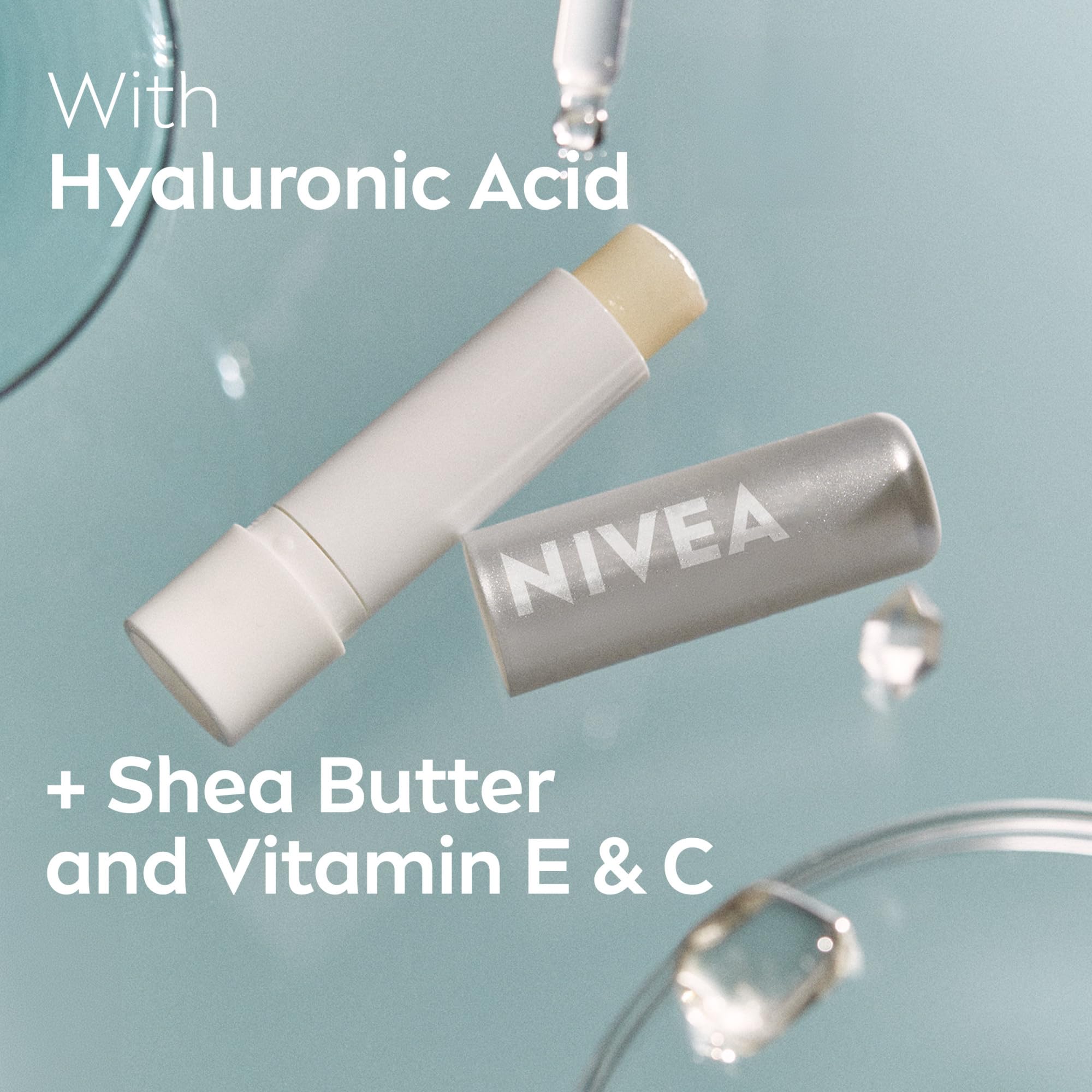 Nivea Dewy Lip Balm With Hyaluronic Acid, Leaves Visibly Less Noticeable Lip Lines And No Waxy Feel, 0.18 Oz, Pack Of 4