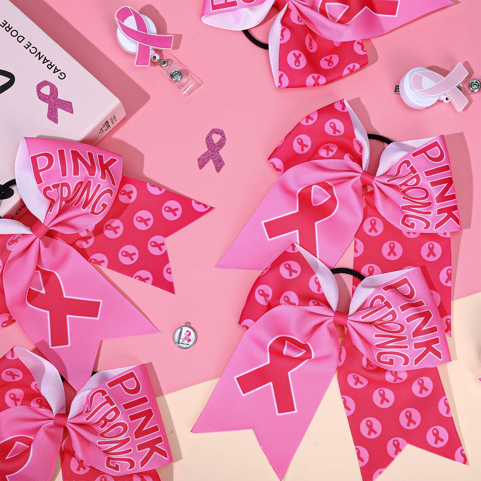 Whaline 8Pcs Large Cheerleading Hair Accessories with Pink Ribbon, Elastic Ponytail Holders - Breast Cancer Awareness Costume De