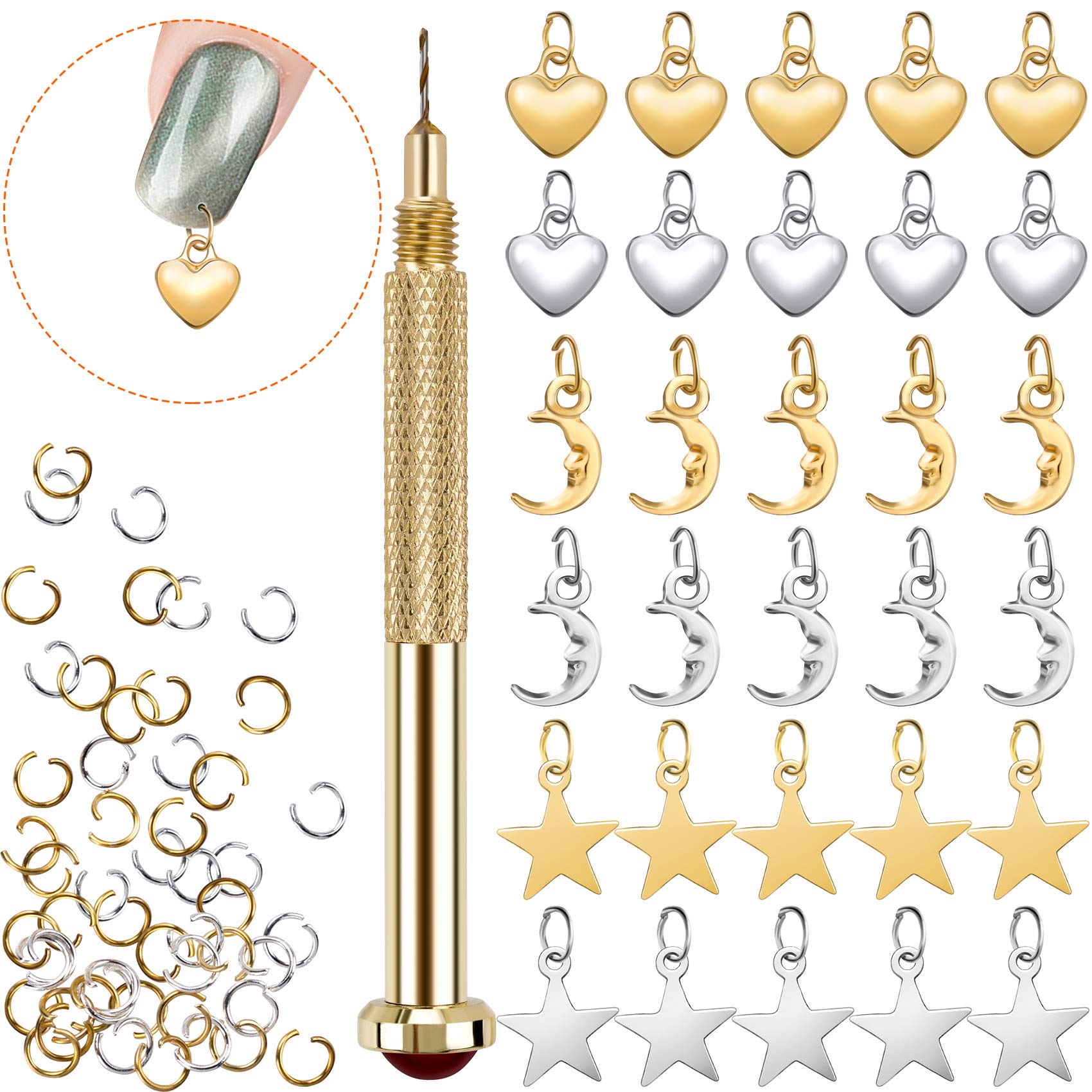 PAGOW 71 PCS Dangle Nail Art Charm, Nail Jewelry Rings with Nail Piercing Tool Hand Drill for Tips, Acrylic, Gels and Decoration