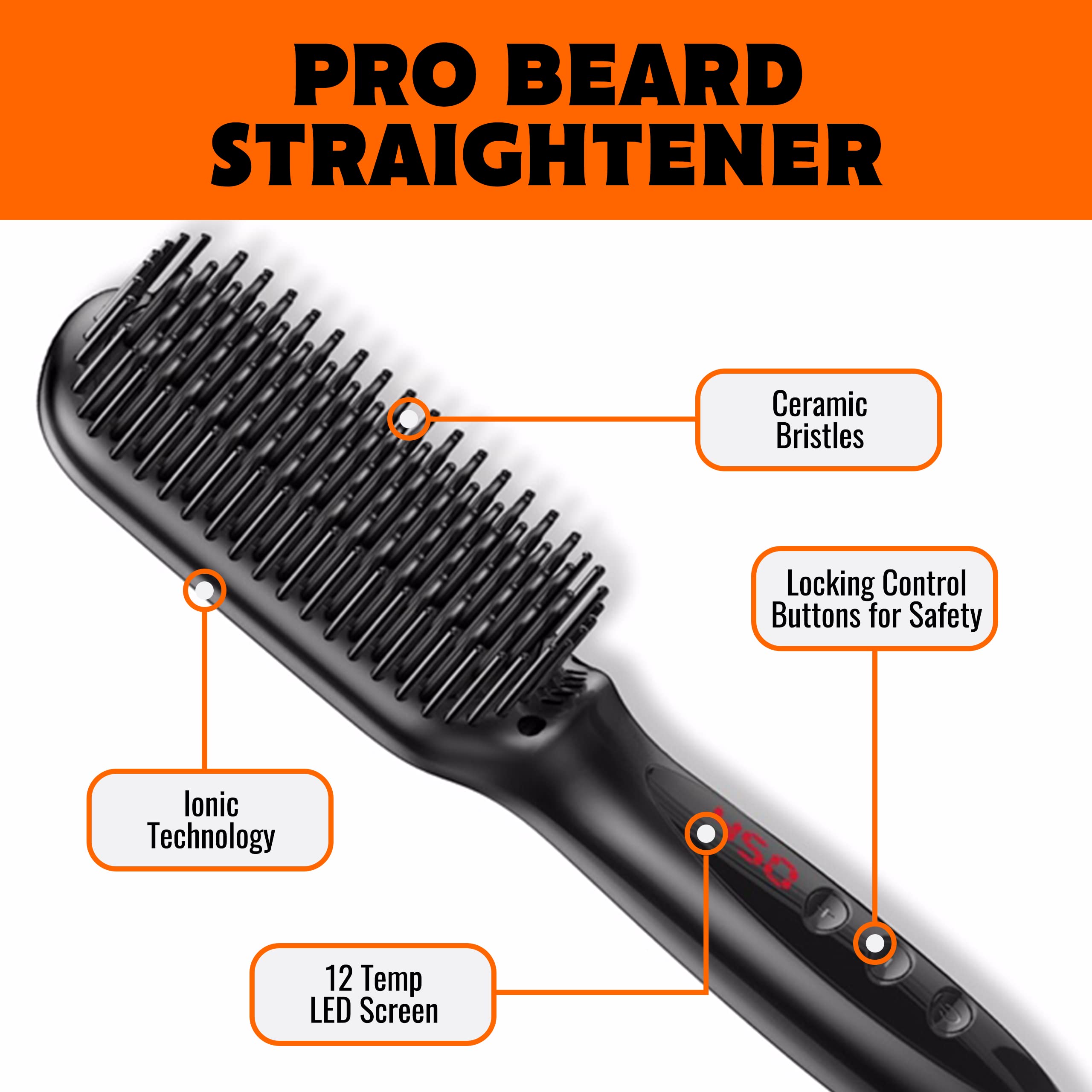 Tame The Wild Pro Beard Straightener For Men - Premium Heated Beard Brush - Anti-Scald Ionic Generator - 12 Temp Settings - Led