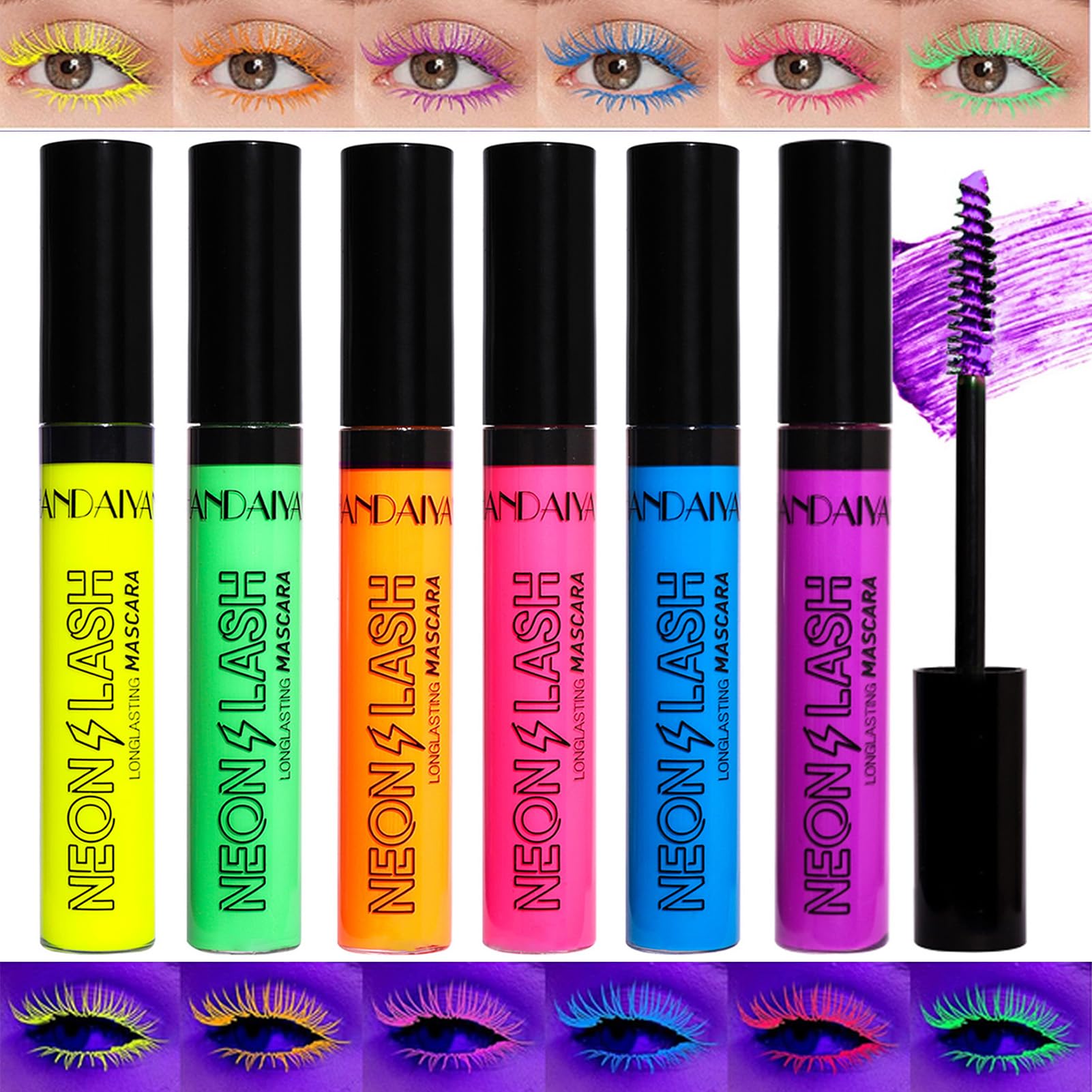 6 Pcs Colorful Fluorescent Mascaras Makeup, Volumizing & Lengthening Mascara For Eyelashes Waterproof Long-Lasting Charming, Cru