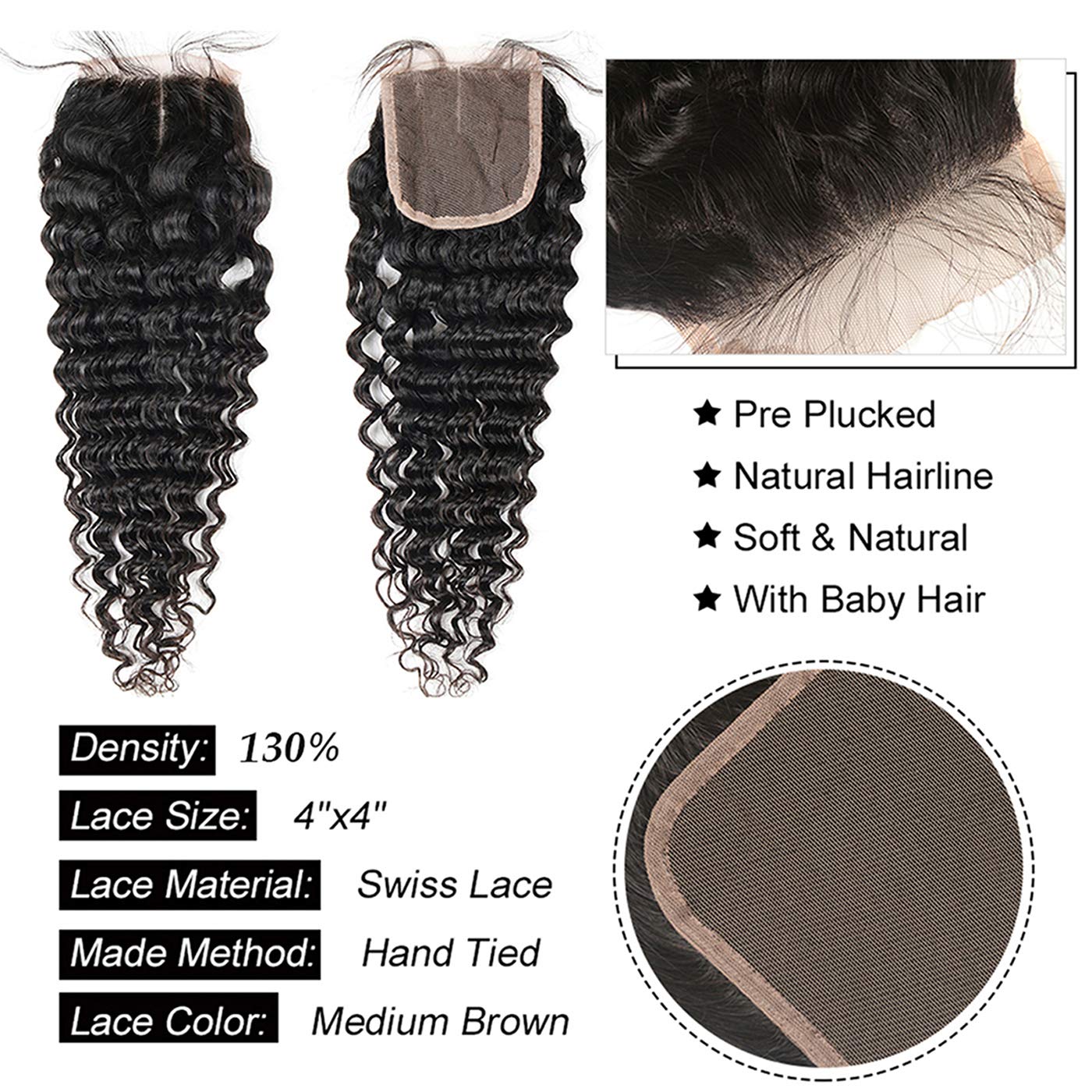 Brazilian 9A Deep Wave 3 Bundles With Closure Virgin Human Hair Bundles With 4X4 Middle Part Closure Unprocessed Virgin Human Ha