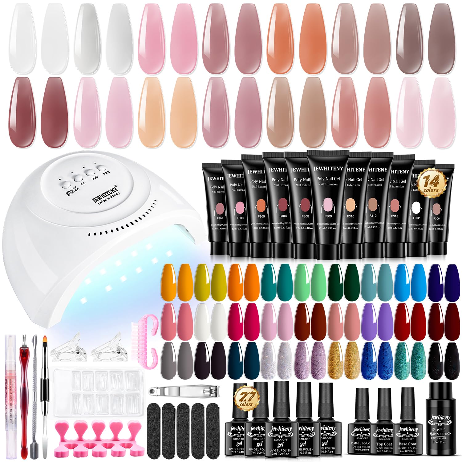 JEWHITENY 14 Colors Poly Gel Nail Kit 27 Colors Gel Nail Polish Kit With U V Light All In One Nail Art Starter Kit Suitable For 