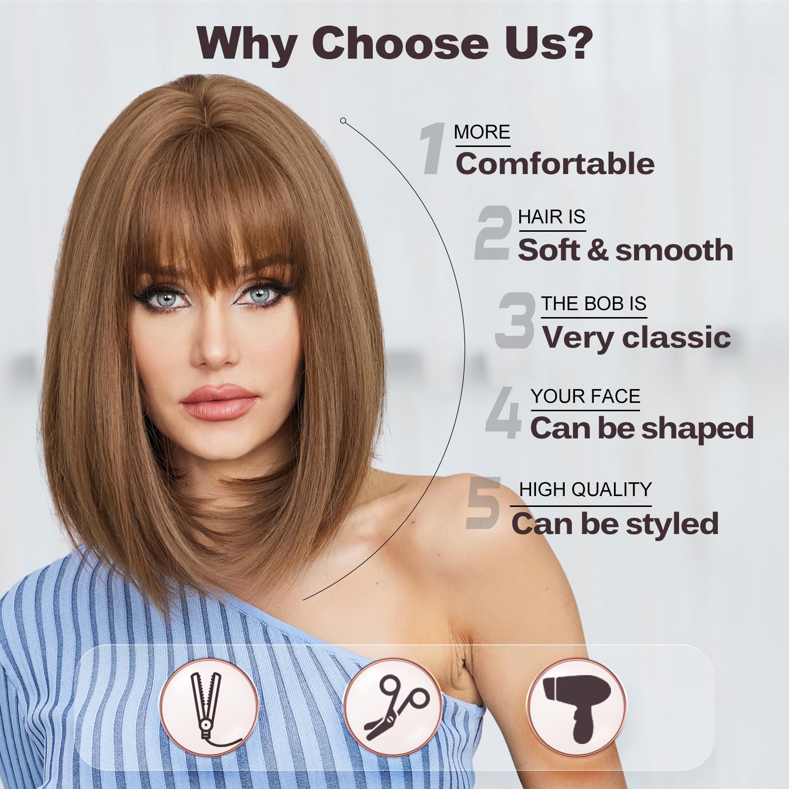 Emmor Brown Bob Wig With Bangs 15'' Short Bob Wigs For Women Heat Resistant Synthetic Wig Natural Looking For Daily Use(Honey Br
