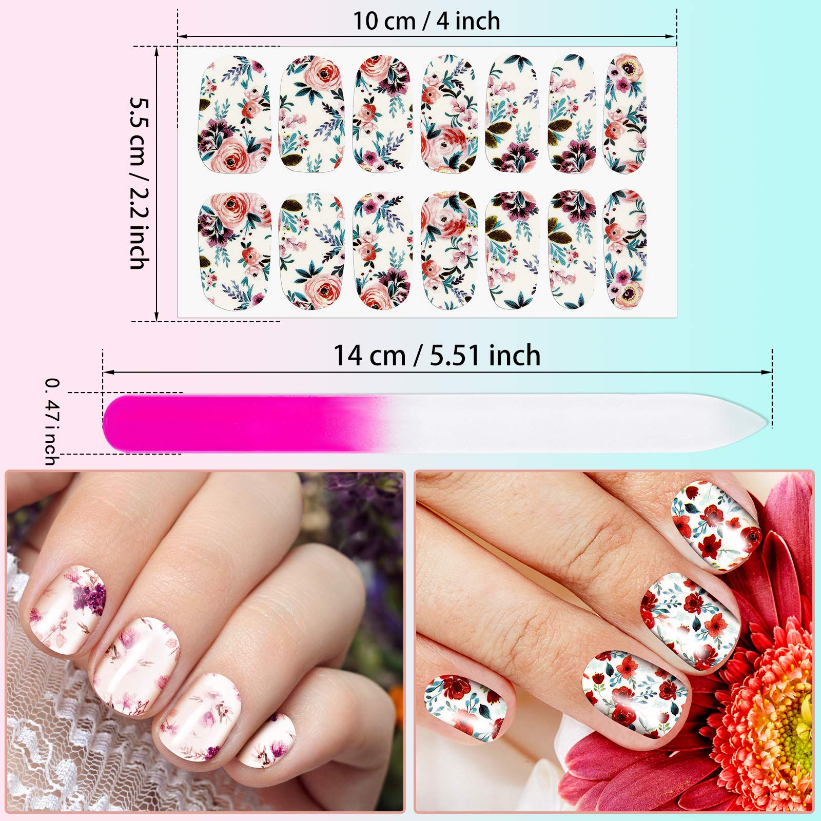 168 Pieces 12 Sheets Full Wraps Nail Polish Stickers Flower Print Self-Adhesive Nail Art Decal Strips Manicure Kits Colorful Flo