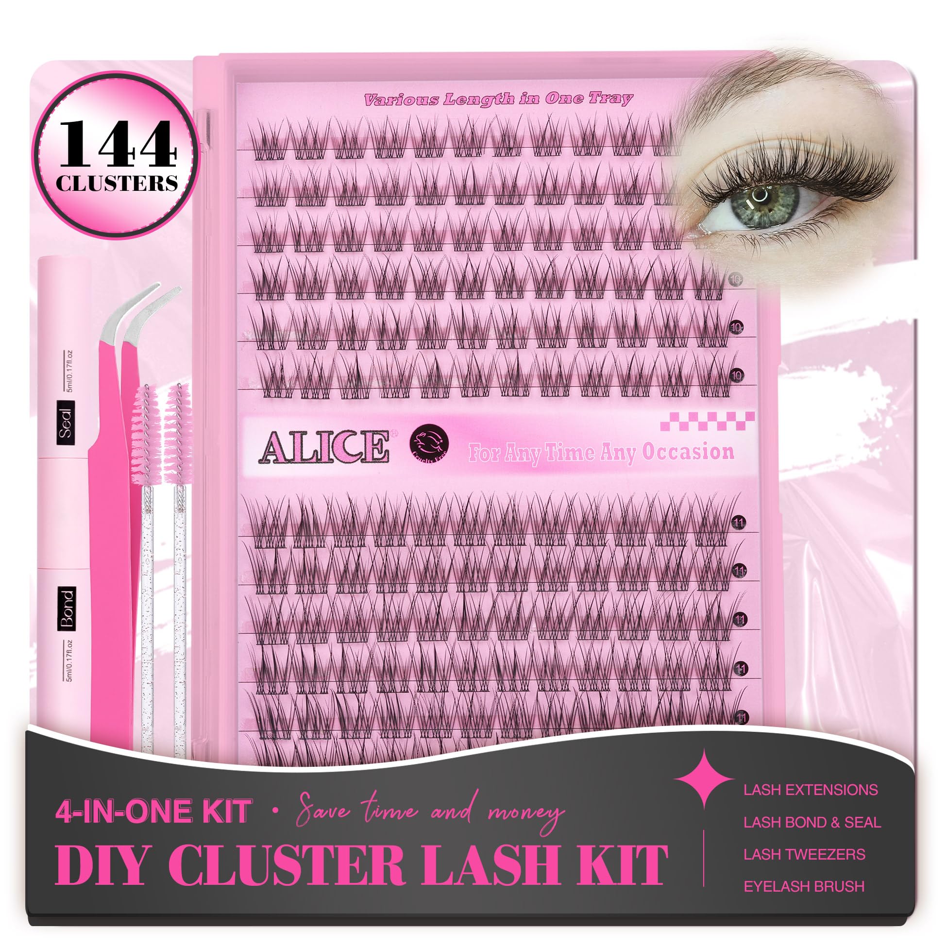 ALICE DIY Eyelash Extensions Kit 9-11MM Natural, Lash Clusters Kit 144Pcs Wispy Individual Lashes C Curl Lash Extensions, Lash G