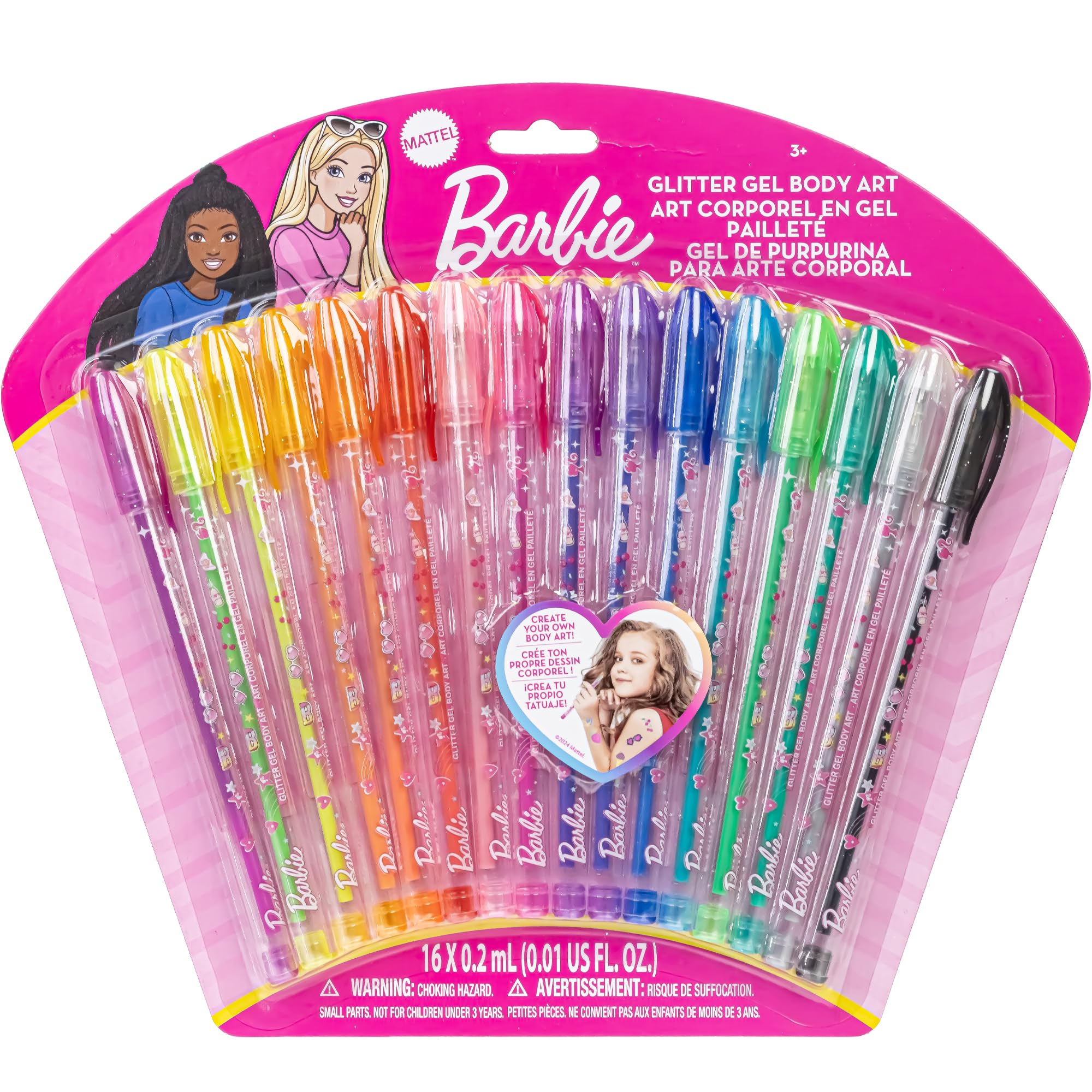 Townley Girl Barbie 16 Piece Glitter Pen Body Art Set, Glittery and Bright Colors, Ages 3
