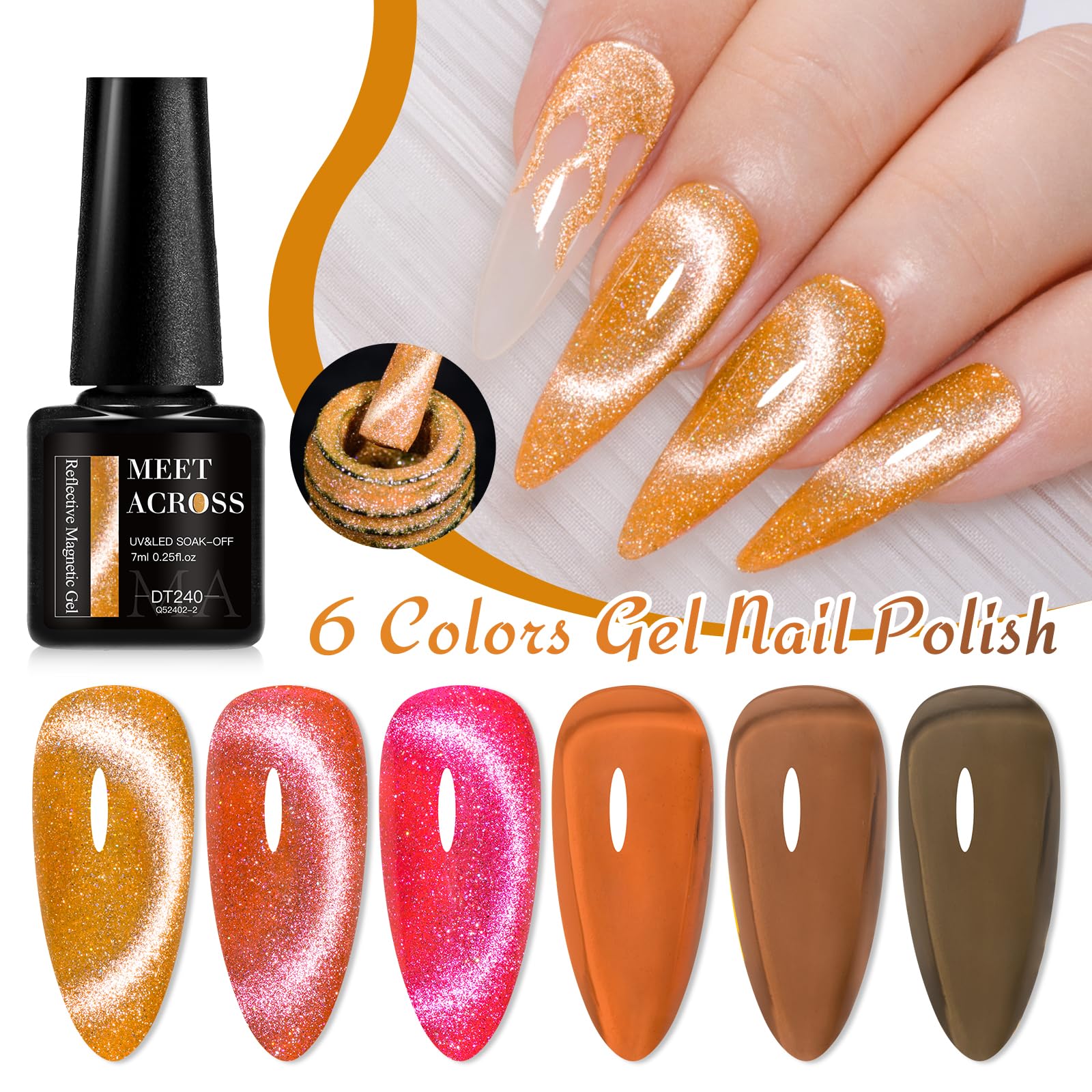 MEET ACROSS Jelly Cat Eye Gel Nail Polish Set Crystal Gel Polish Kit 6PCS Glitter Gel Polish Set Cat Eye Reflective Magnetic Nai