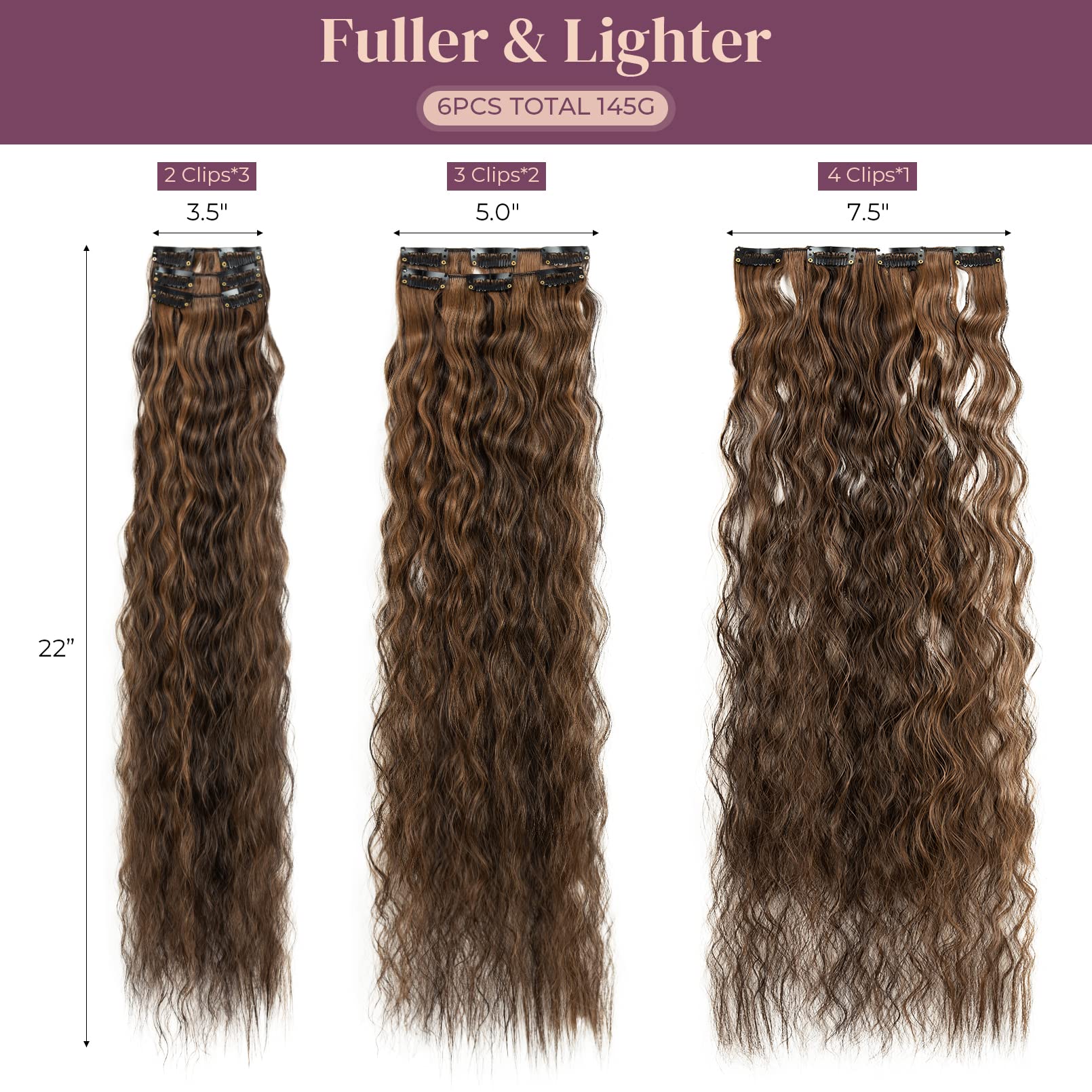 6Pcs Clip In Hair Extensions-Lonai 24'' Black Brown With Highlight Hair Long Mermaid Waves Synthetic Clip On Hairpiece For Women