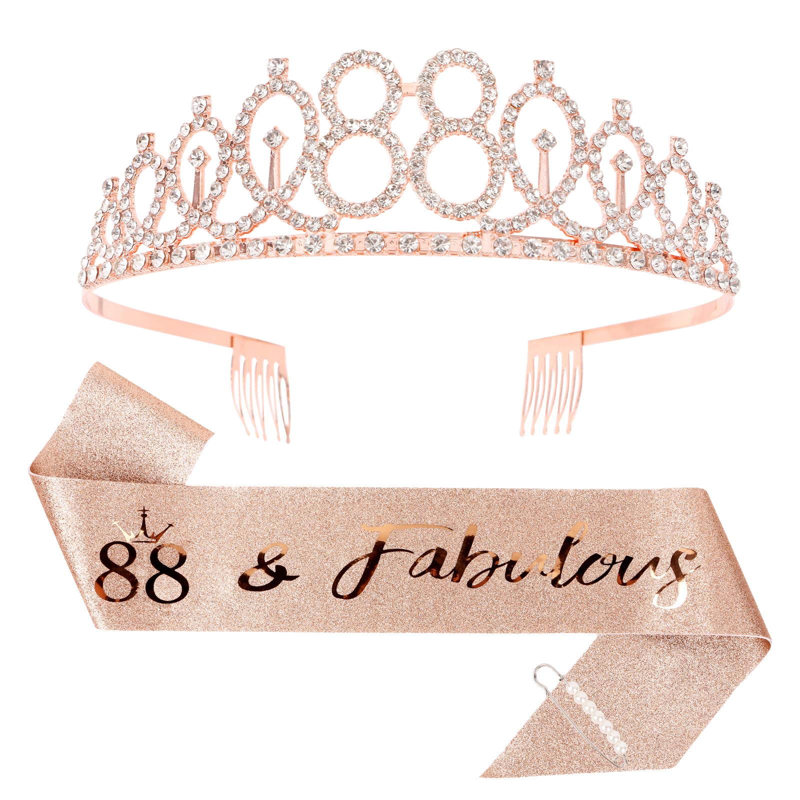 CIEHER 88th Birthday Crown + 88th Birthday Sash + Pearl Pin Set, 88 & Fabulous Birthday Sash, 88 Birthday Tiara, 88th Birthday D