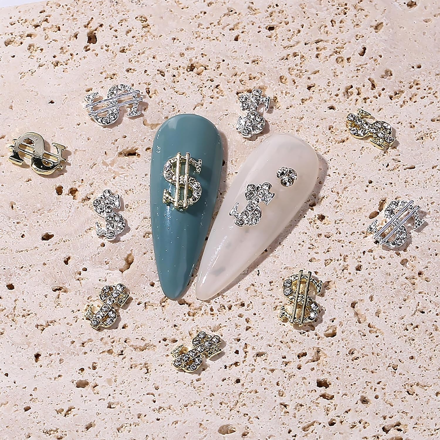 30Pcs Money Dollar Nail Charms Gold And Silver 3D Alloy Dollar Money Nail Art Charms With Rhinestones For Women Nail Decoration