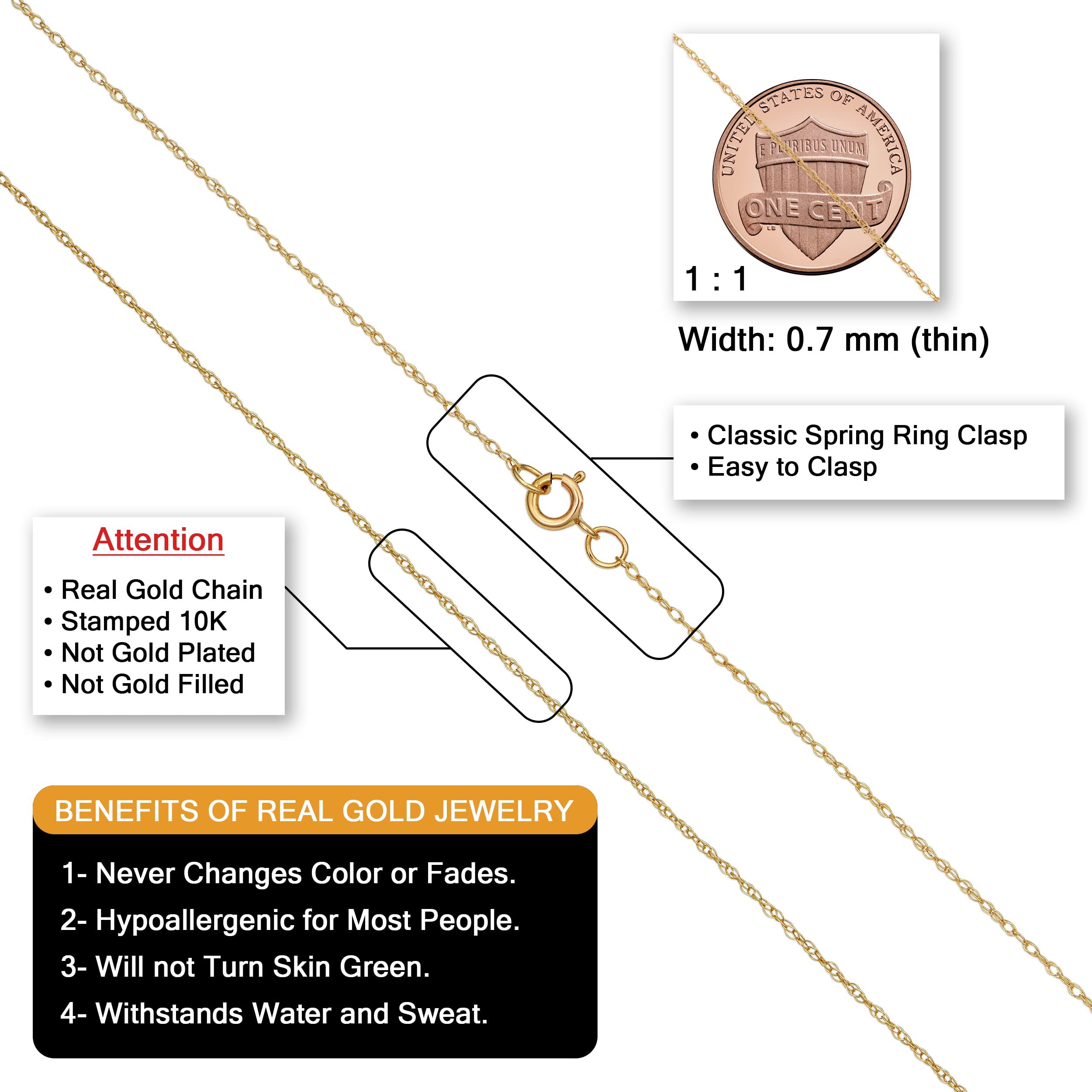 Kooljewelry 10k Yellow Gold Rope Chain Pendant Necklace (0.7 mm, 24 inch)
