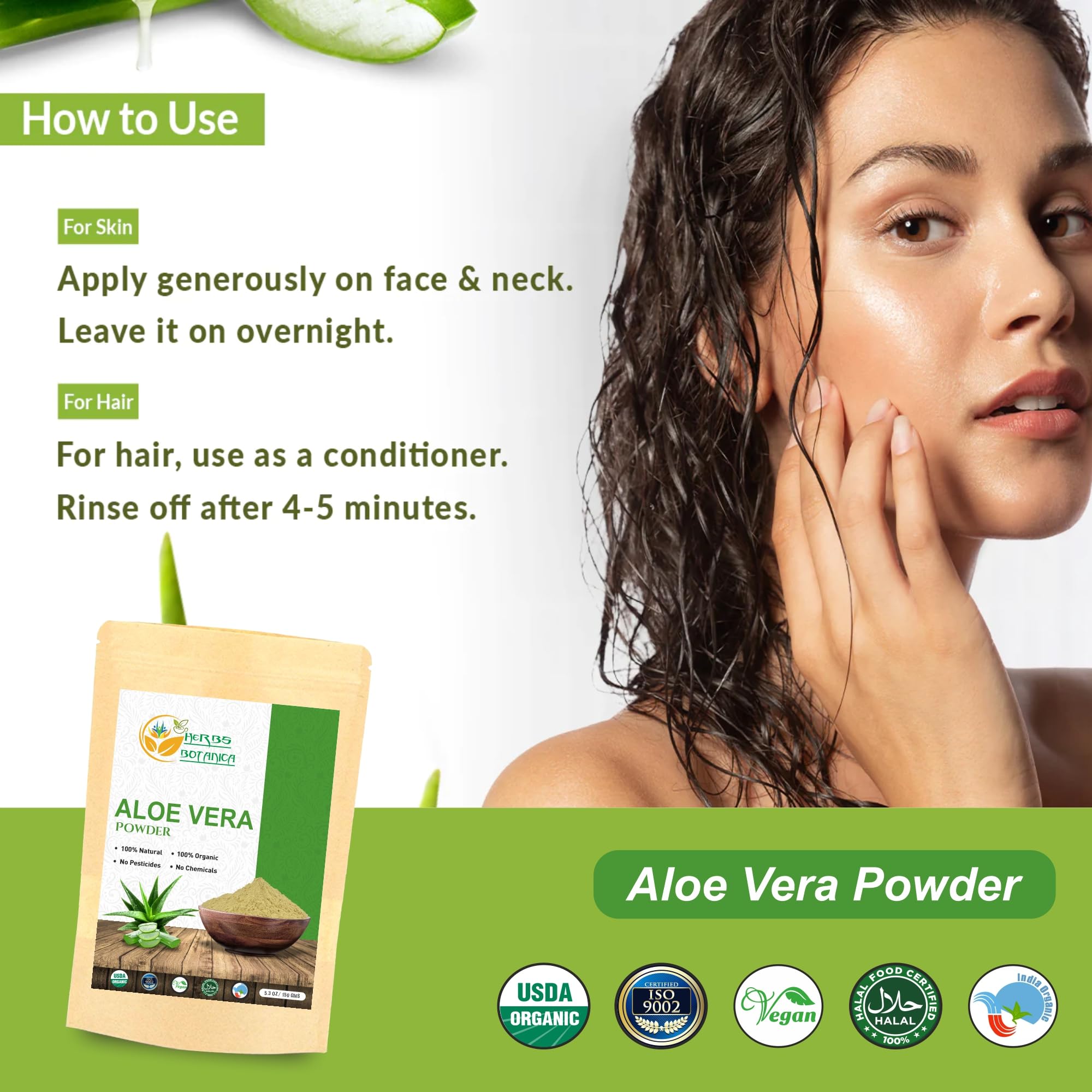 Herbs Botanica Aloe Vera Powder Organic for Hair Growth, Skincare, Haircare Organic, Moisturizing, and Soothing Aloe Barbadensis