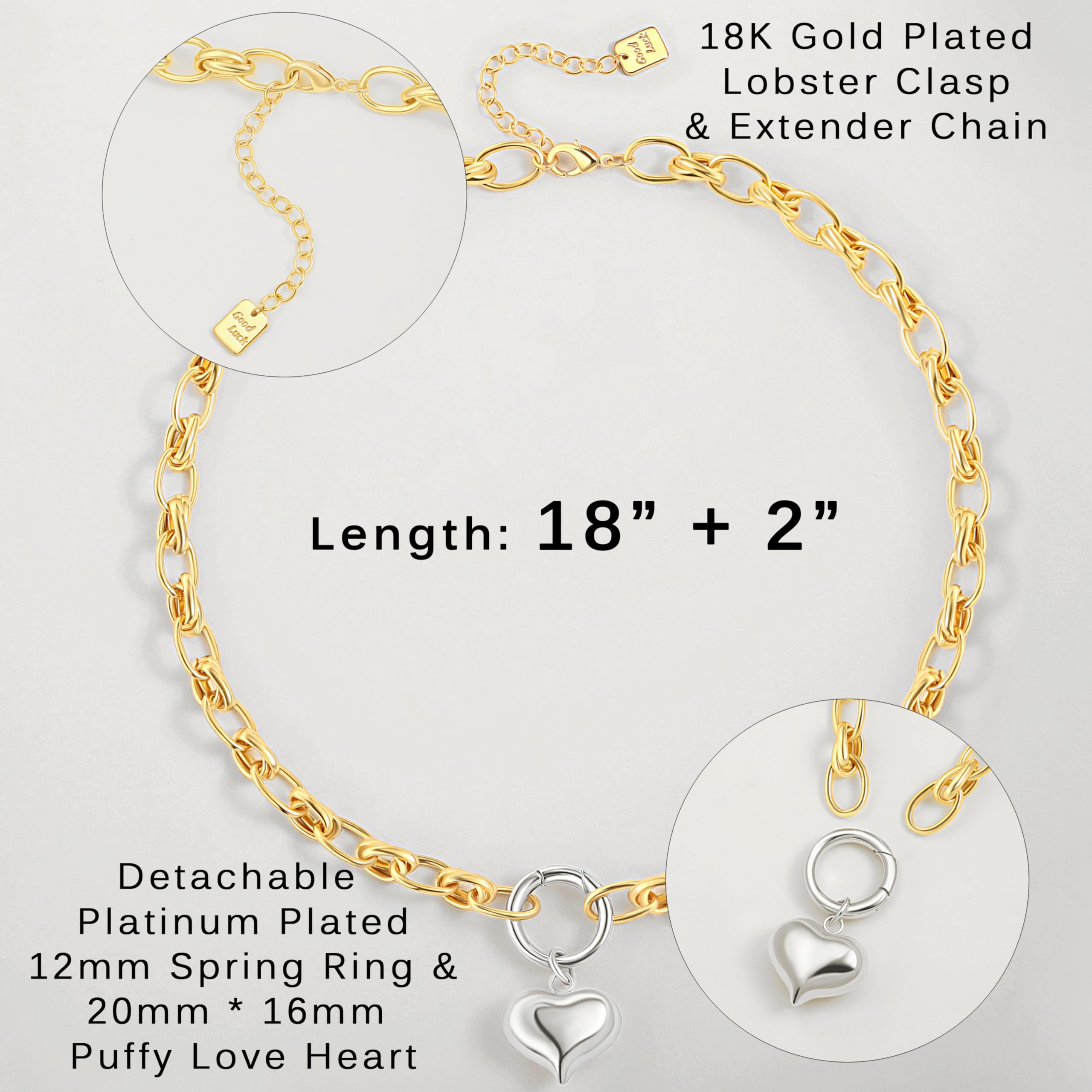 Aobei Pearl Two-Tone Necklace for Women Platinum Silver Puffy Love Heart Pendant 18K Gold Chunky Oval Chain Link Choker Minimali