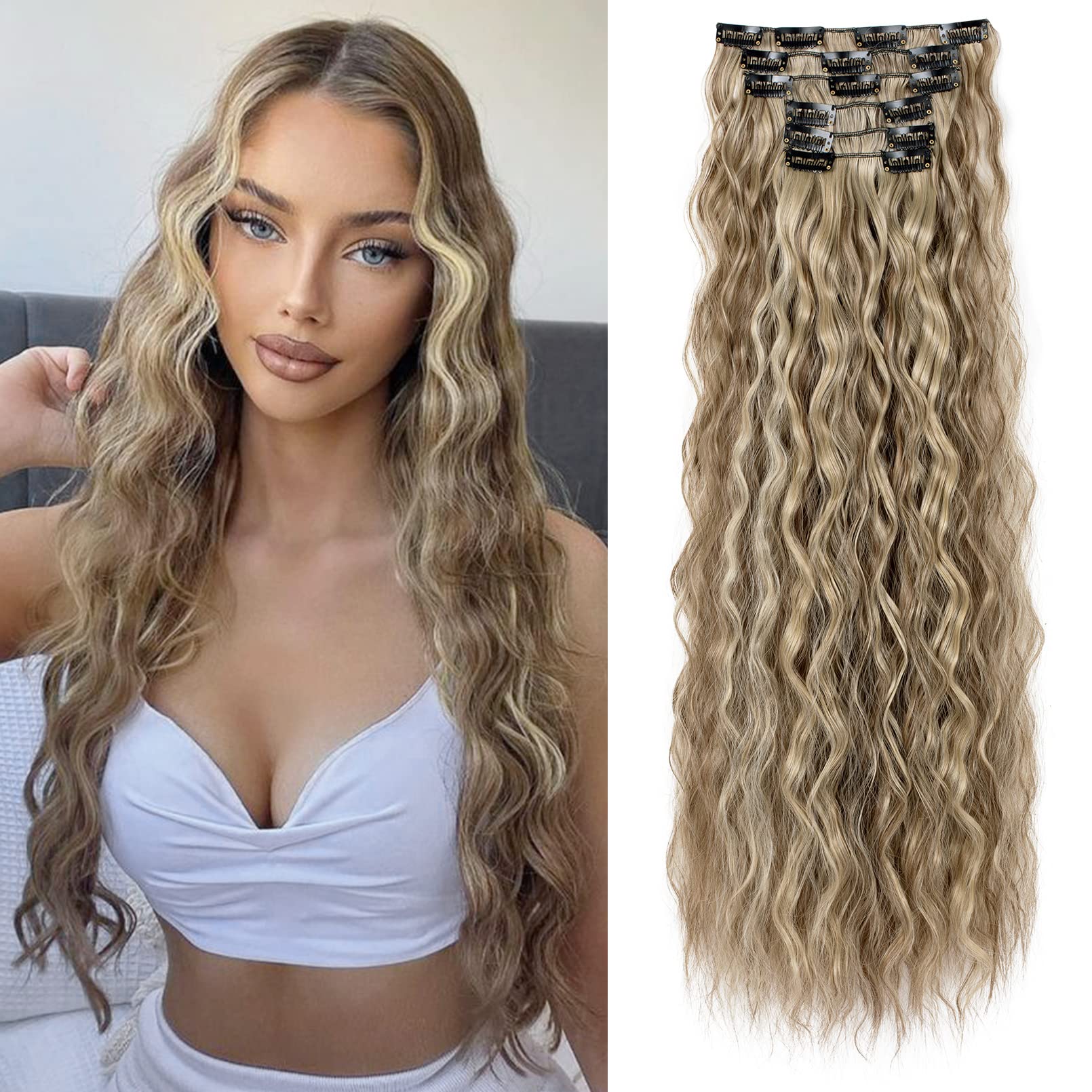 LONAI Clip In Hair Extensions, 6PCS Curly 24'' Long Synthetic Clip On Hairpiece For Women Cool Brown with Blonde Highlights