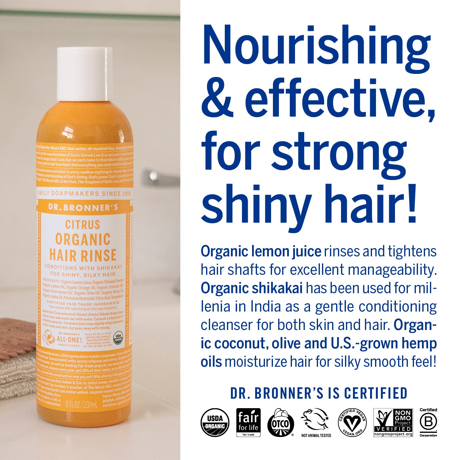 Dr. Bronner's - Organic Hair Rinse (Citrus, 8 Ounce) - Nourishing & Effective, Gentle Conditioning Cleanser for Skin & Hair, No