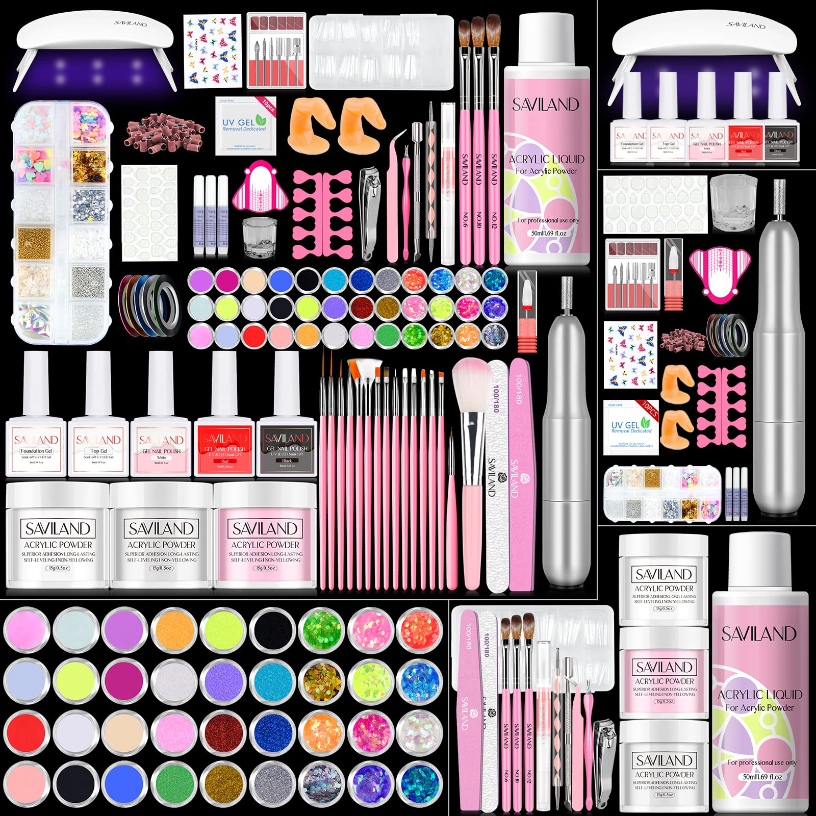 SAVILAND Acrylic Nail Kit for Beginners: Professional Nail Kit Acrylic Set with Everything Nail Drill Acrylic Powder Monomer Liq