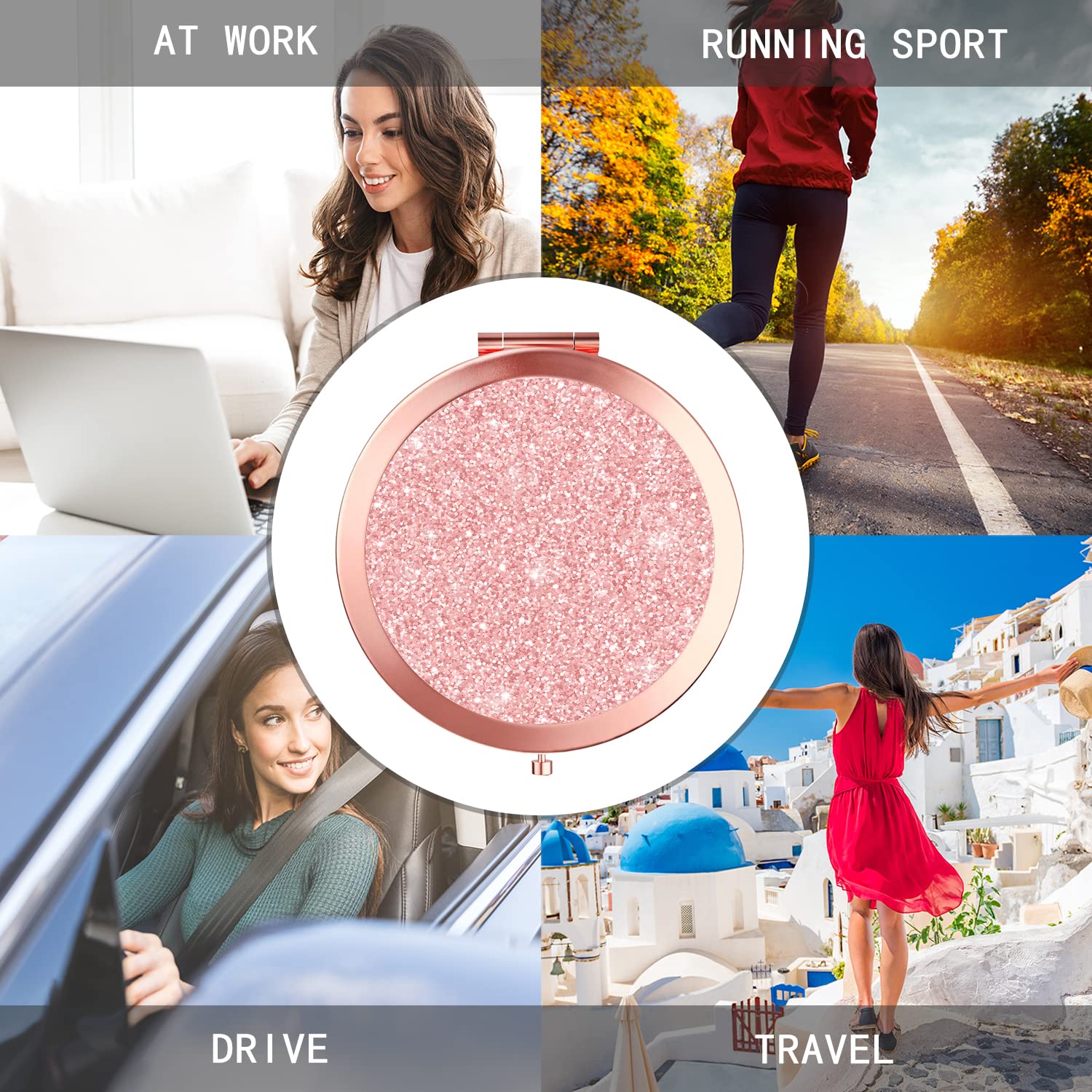 Iampanda Compact Rose Gold Mirror For Women,Round Mini Pocket Makeup Mirror For Purse,Rose Gold Glitter Portable Folding Travel