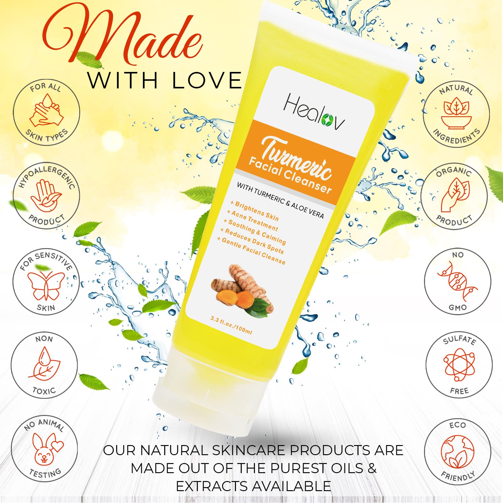 Herblov Turmeric Face Wash, Turmeric Clear Skin Liquid Soap - 100% Natural Anti Aging Exfoliating Facial Cleanser for Spots, Age