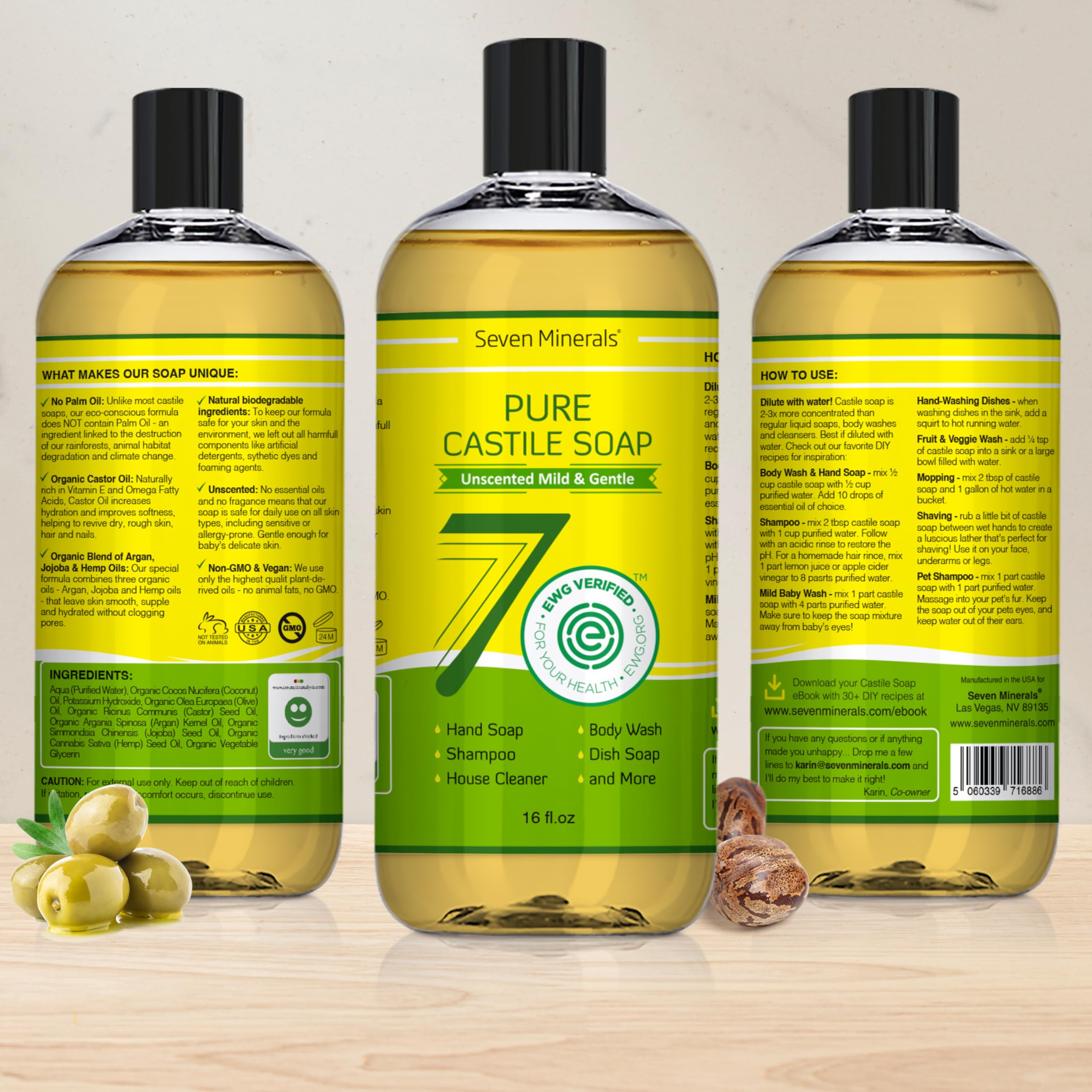 Pure Castile Soap - No Palm Oil, GMO-Free - Gentle Liquid Soap For Sensitive Skin & Baby Wash - All Natural Vegan Formula with O
