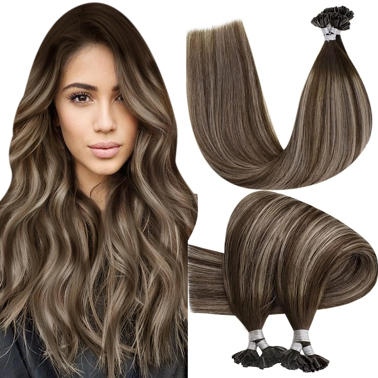 Hetto U Tip Hair Extensions Human Hair Blonde K Tip Hair Extensions Real Human Hair Balayage Dark Brown to Ash Blonde Utip Hair 