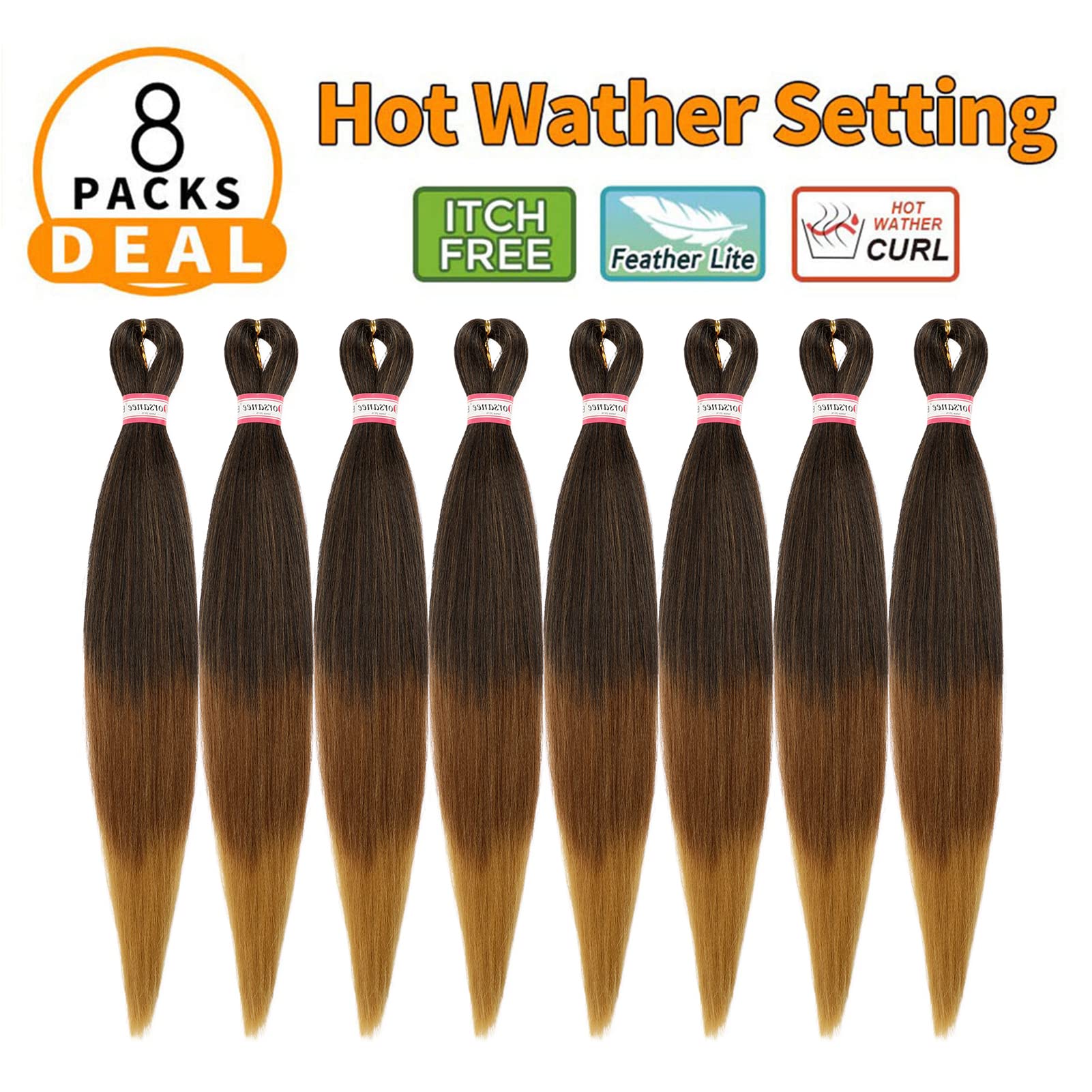 Pre-Stretched Braiding Hair 8 Packs 24 Inch Black To Brown Ombre Braiding Hair Natural Easy Twist Crochet Braids Hot Water Setti
