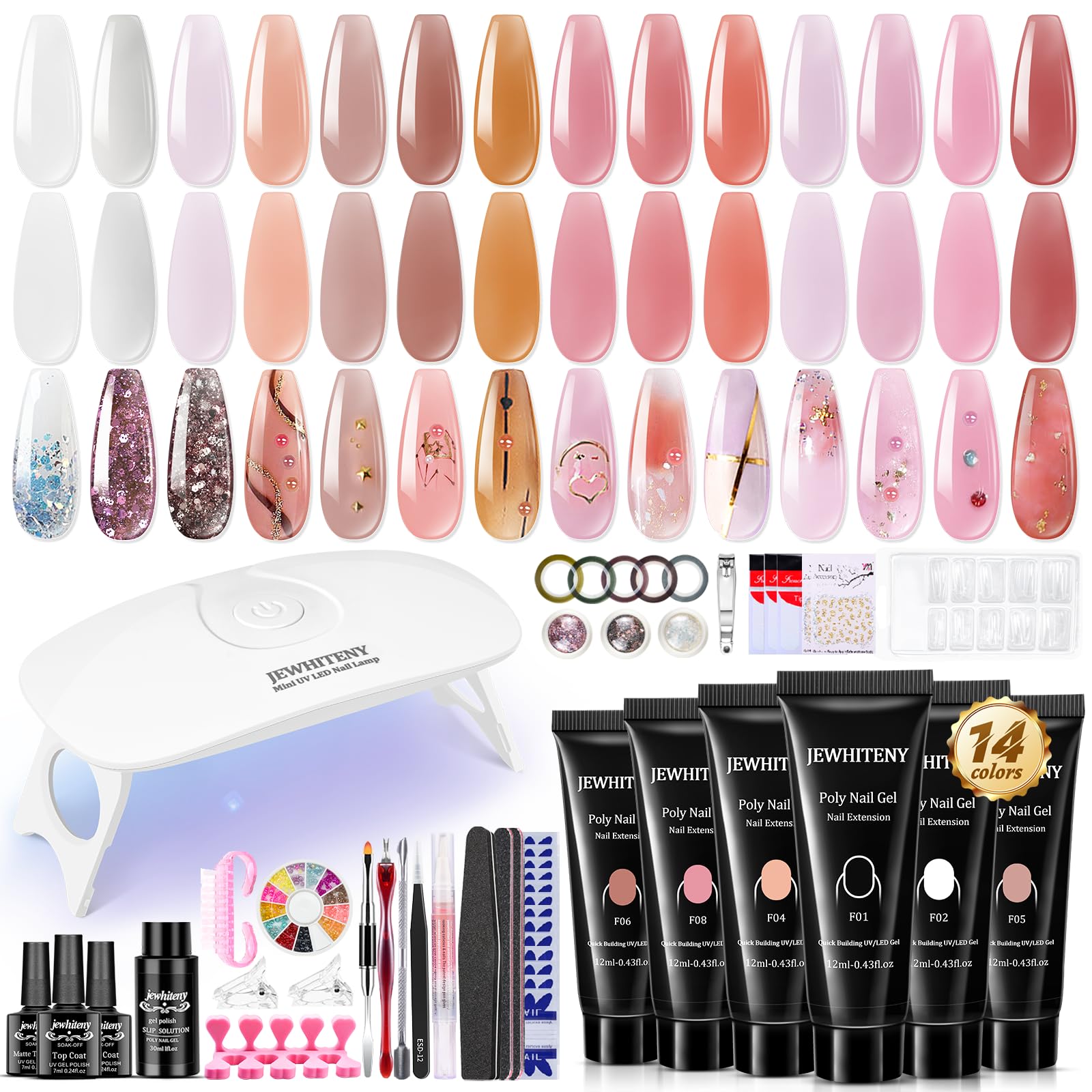 JEWHITENY 14 PCS Poly Nail Gel Kit Poly Extension Nail Gel Kit Starter Kit With Slip Solution Professional Nail Extension Set Wi