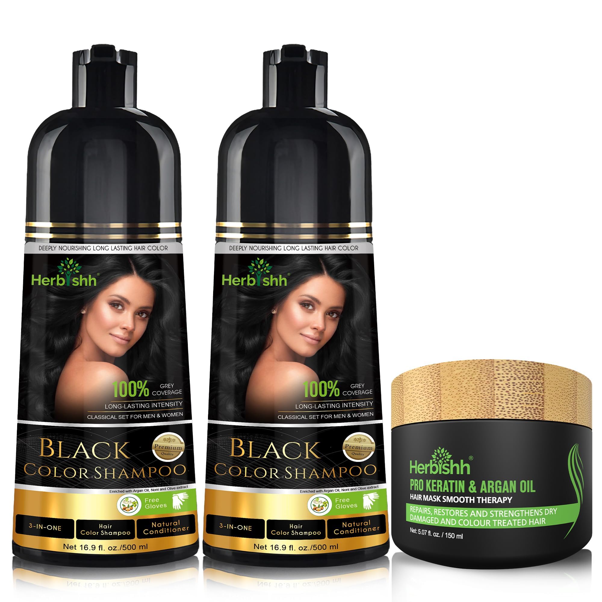 Combo Pack - 2pcs Herbishh Hair Color Shampoo + 1pc Argan Intense Hair Mask - Long-lasting Gray Hair Dye - 500ml - Stimulates Dr