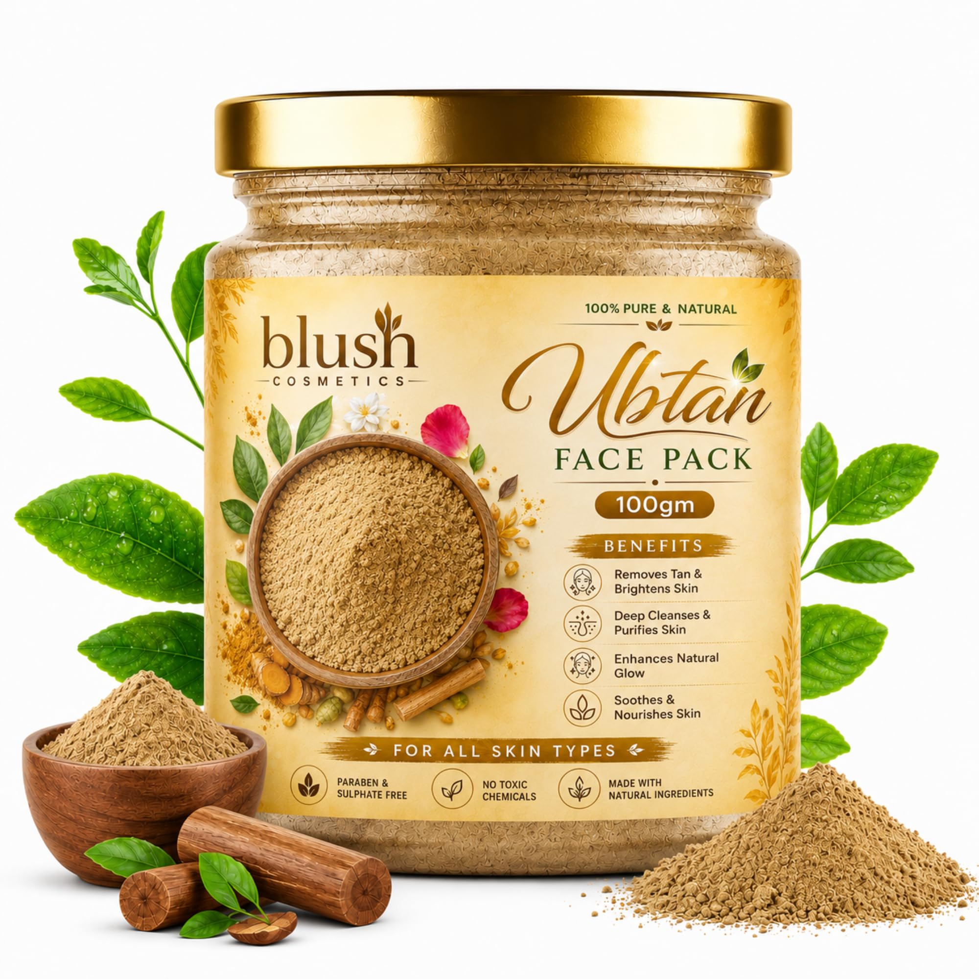Blush Cosmetics Ubtan Face Powder | 100% Natural Herbal Face Pack | Turmeric, Saffron & Sandalwood | Skin Brightening, Deep Clea