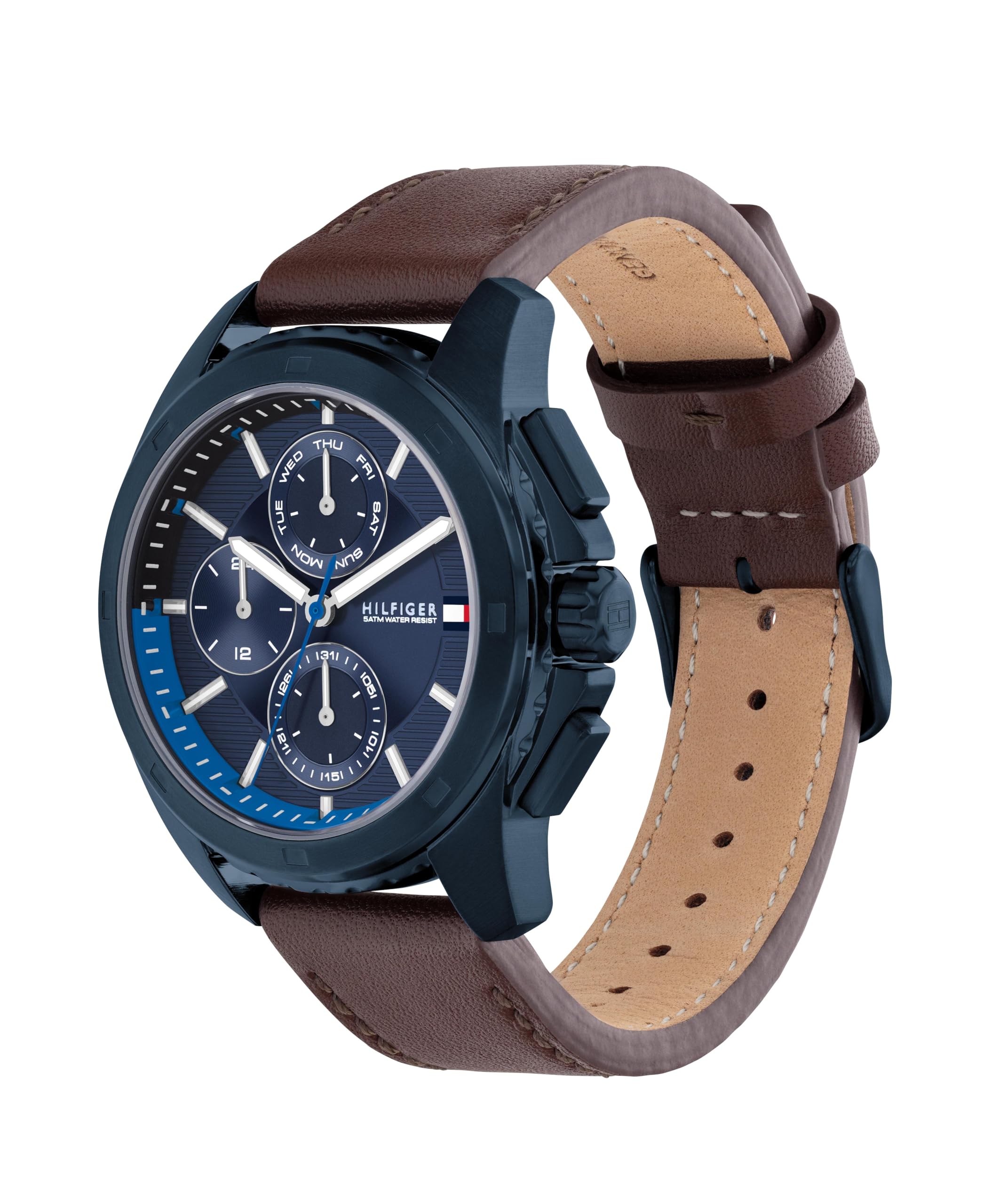 Tommy Hilfiger MenS Navy Blue Stainless Steel & Brown Leather Strap Blue Dial Analog Watch