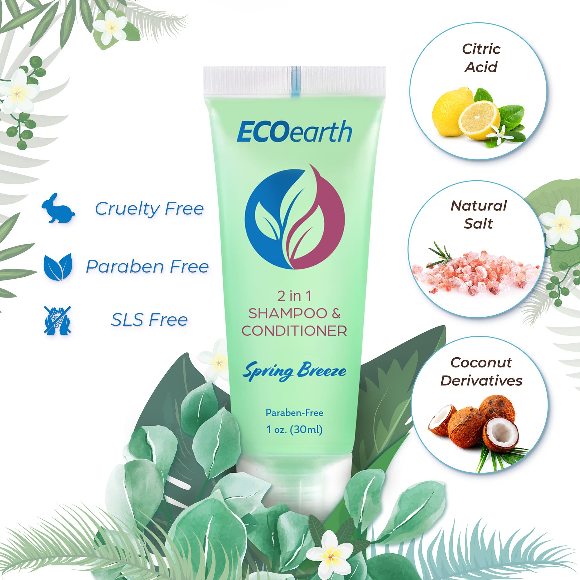 Ecoearth Travel Size Shampoo Conditioner 2-In-1 (1 Fl Oz, 100 Pk, Spring Breeze) Delight Your Guests W/Revitalizing & Refreshing