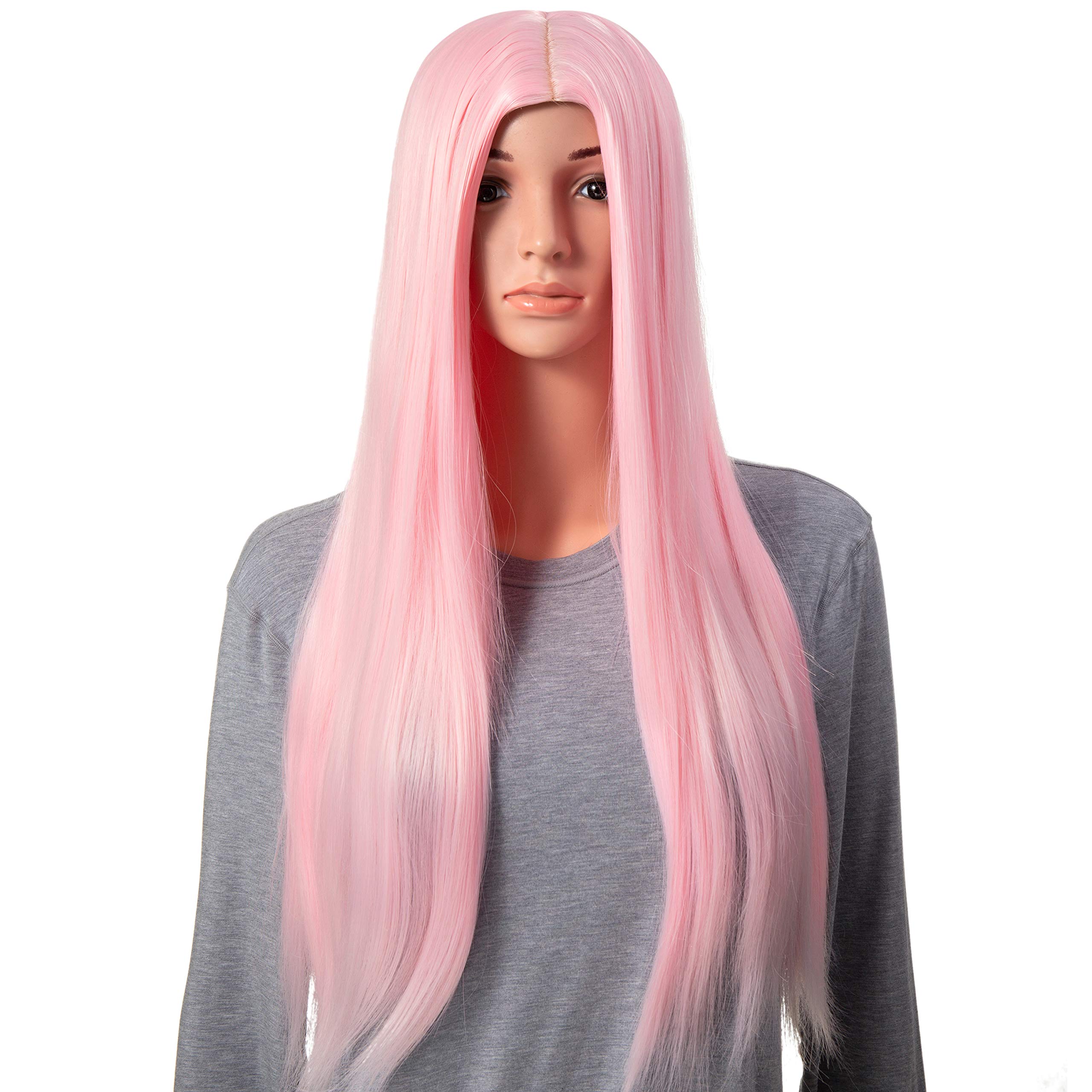Onedor 30 Inches Long Straight Light Pink Synthetic Hair Women Full Head Cosplay Wig with Wig Cap (T1911 - Light Pink)