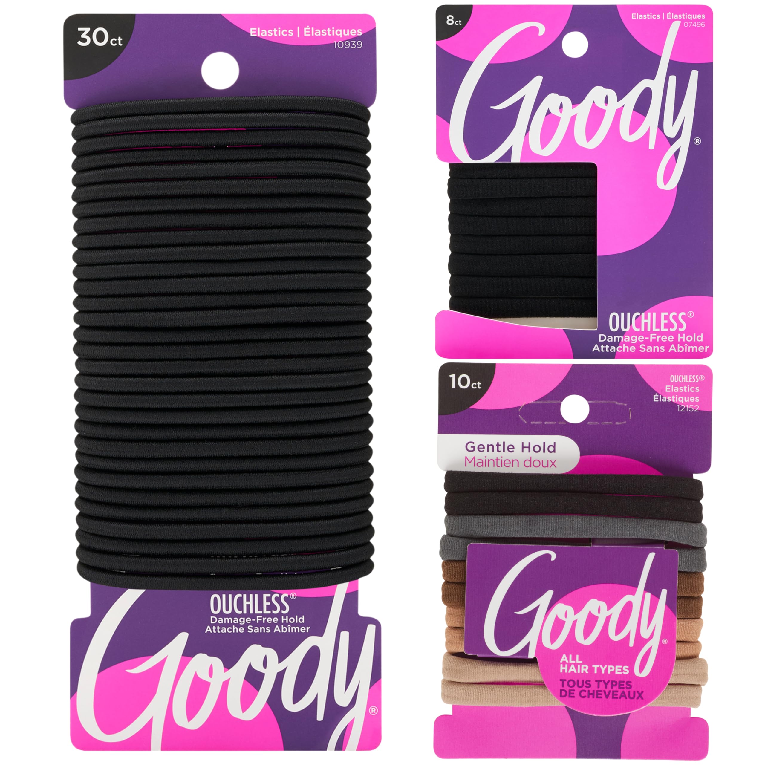 Goody Ultimate Daily Elastics Kit 48-Count | Ouchless No-Damage Hair Ties for Women & Men | 30 Black Elastics + 10 Neutral Seaml