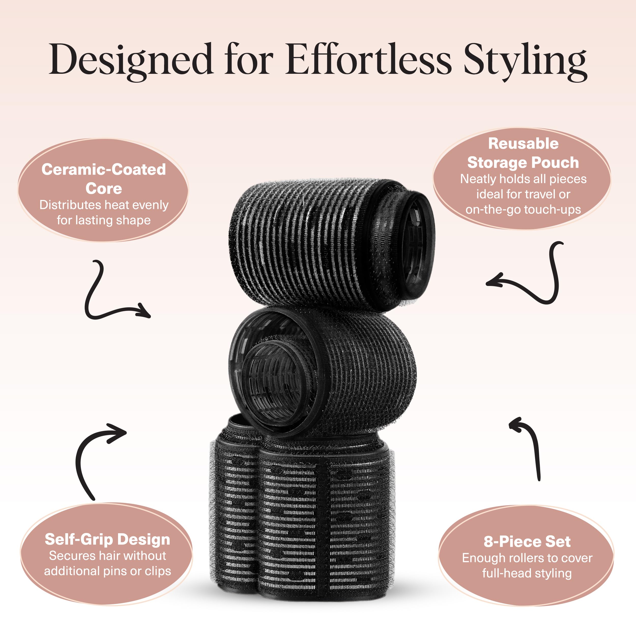 Kitsch Ceramic Thermal Hair Rollers - 8pcs Velcro Self-Grip Curlers for Short, Medium & Long Hair - Black