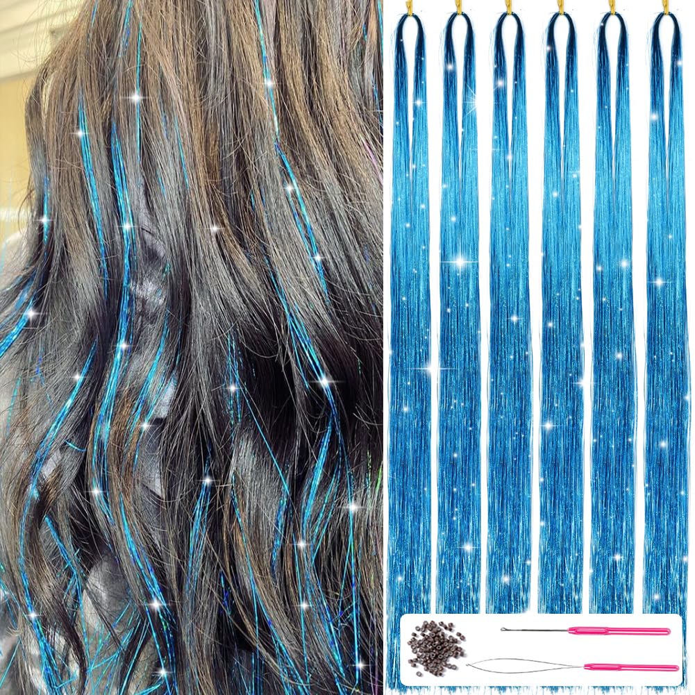 MISSUHUI Hair Tinsel Kit with Tools 47Inch 1200 Strands Glitter Tinsel Hair Extensions Sparkling Shiny Hair Tinsel Strands Fairy