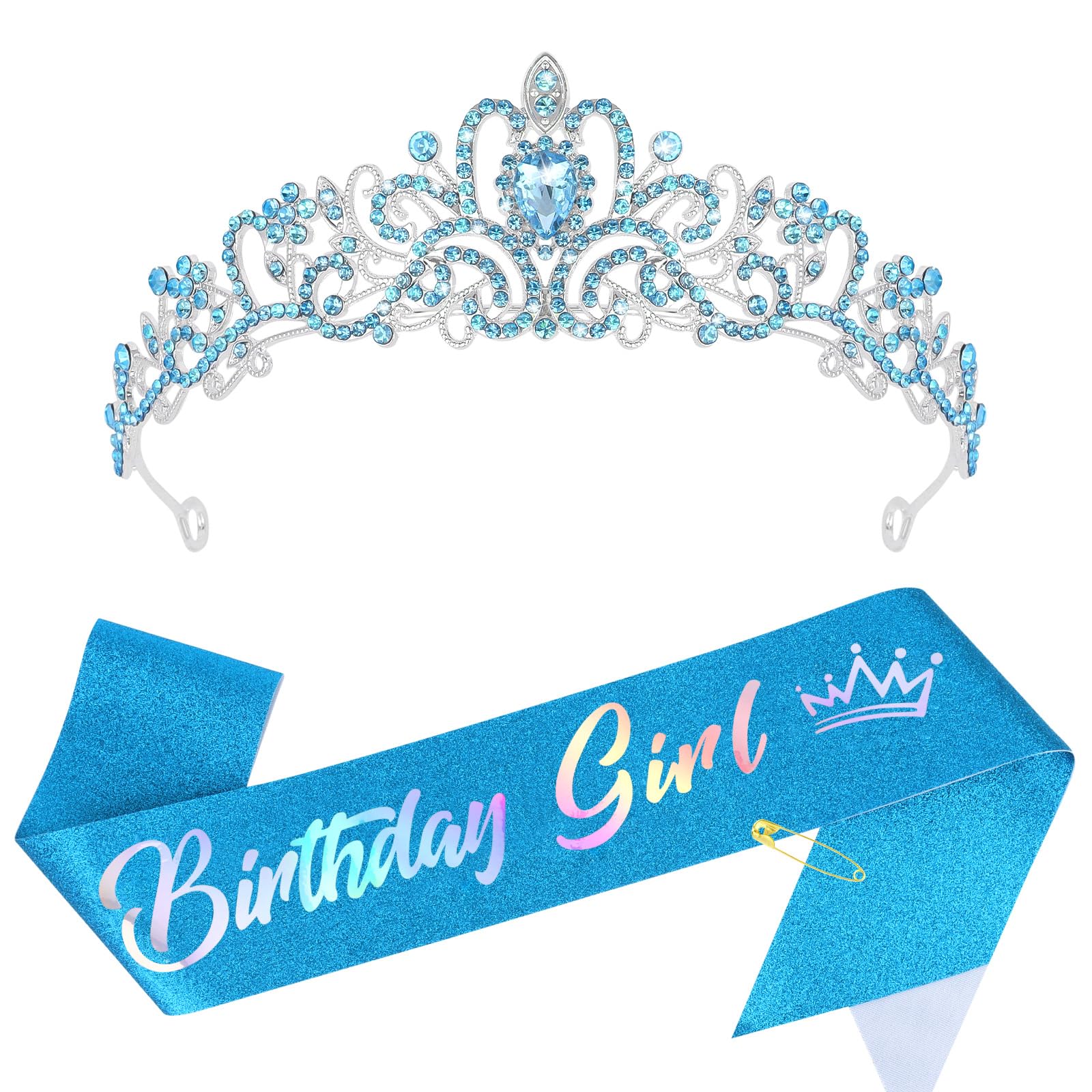 CIEHER Girl Sash and Crown Tiara Blue - Birthday Decorations and Gifts for Women and Girls