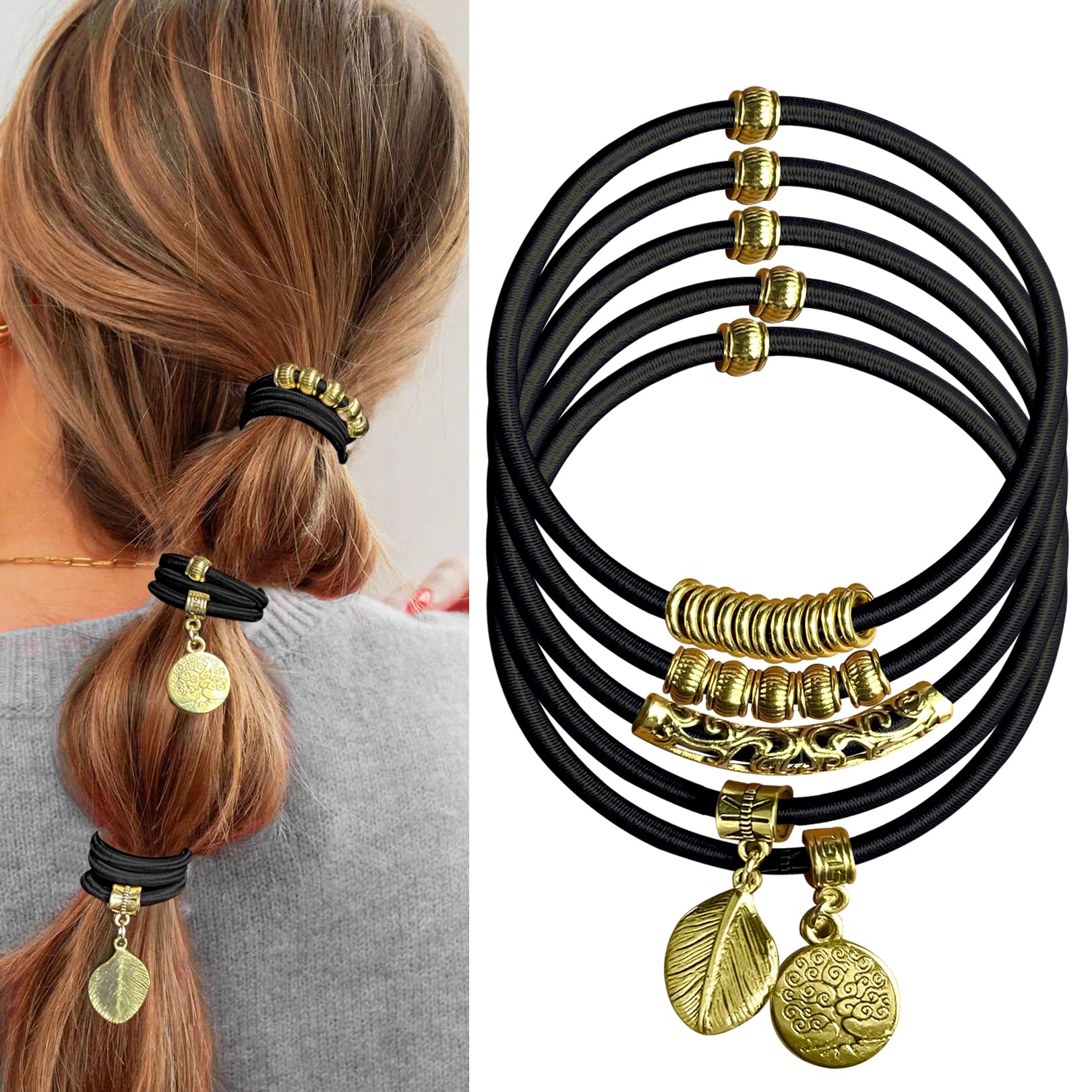SISYOUP Hair Ties Boho Bracelets for Women, 5 Count - Black + Vintage Gold, Hair Accessories for Girls with Gold Jewelry for Gif