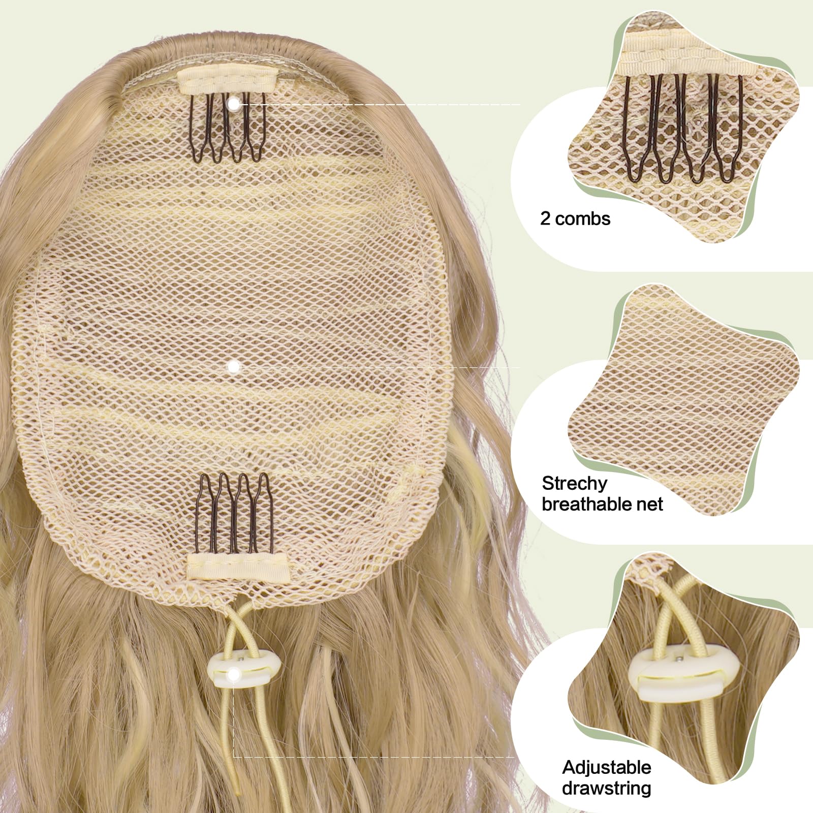 Feshfen Ponytail Extensions, Drawstring Ponytails Hair Extension Light Ash Brown & Bleach Blonde Short Curly Wavy Hair Piece Syn