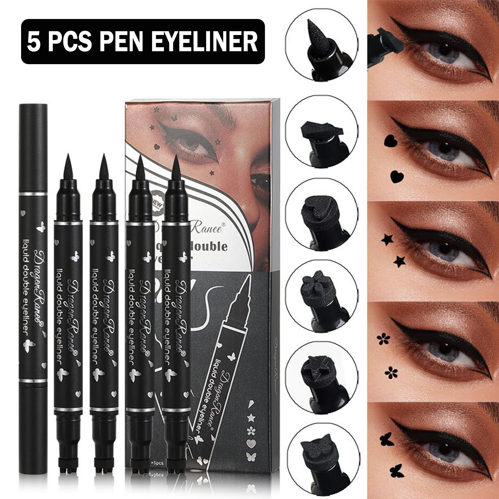 Xingxyuel 5Pcs Eyeliner Stamp Set Liquid Winged Eyeliner Stamp Pen Double-Headed Black Eye Liner Pencil Long-Lasting Waterproof