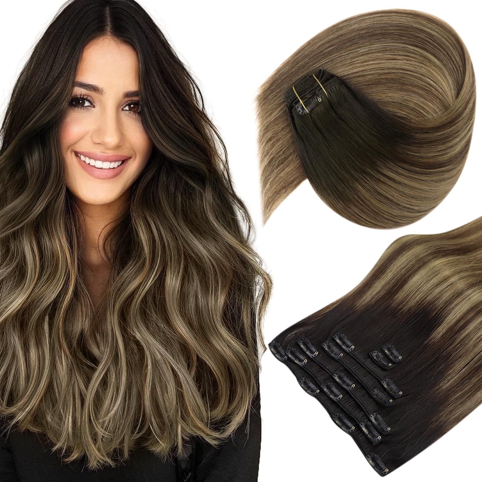 Sunny Human Hair Extensions Clip ins Ombre Clip in Hair Extensions Black Ombre Dark Brown Mix Caramel Brown Clip in Ombre Hair E