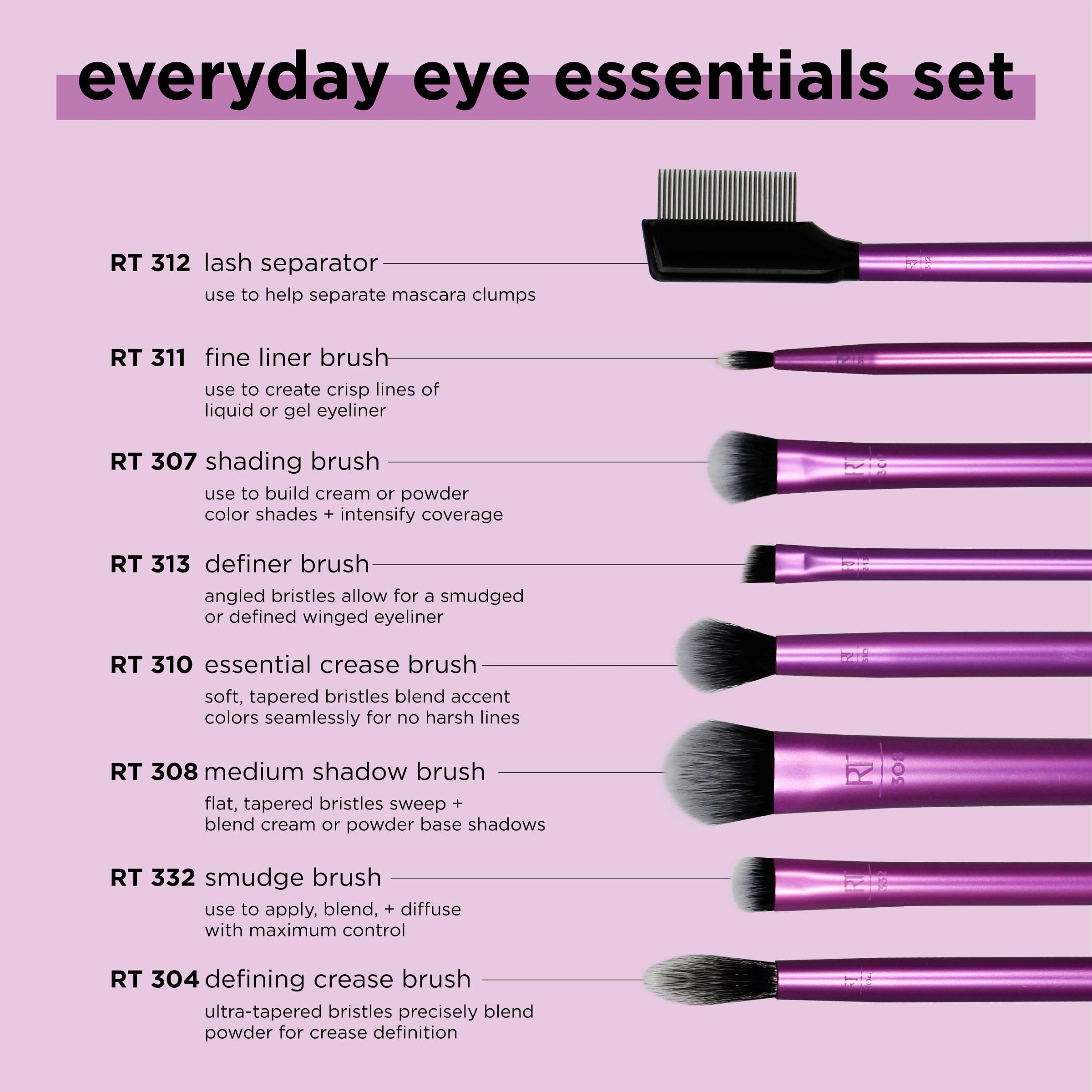 Real Techniques Everyday Eye Essentials Makeup Brush Set, Eye Brushes For Liner, Eyeshadow, Brows, & Lashes, Travel, Friendly, S