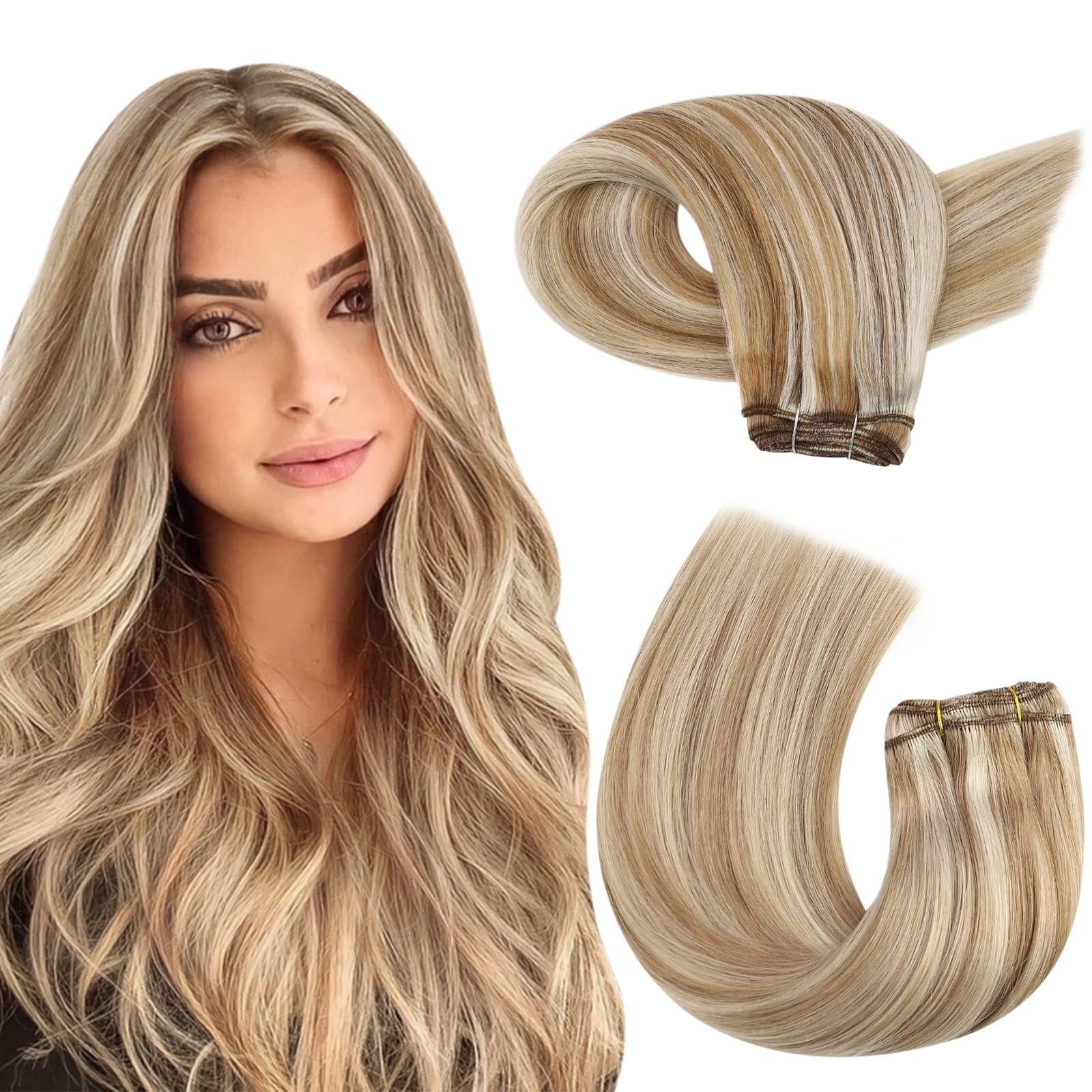 Moresoo Human Hair Extensions Sew In Blonde Highlight Weft Bundles Human Hair Medium Brown Highlighted With Blonde Hair Weft Ext