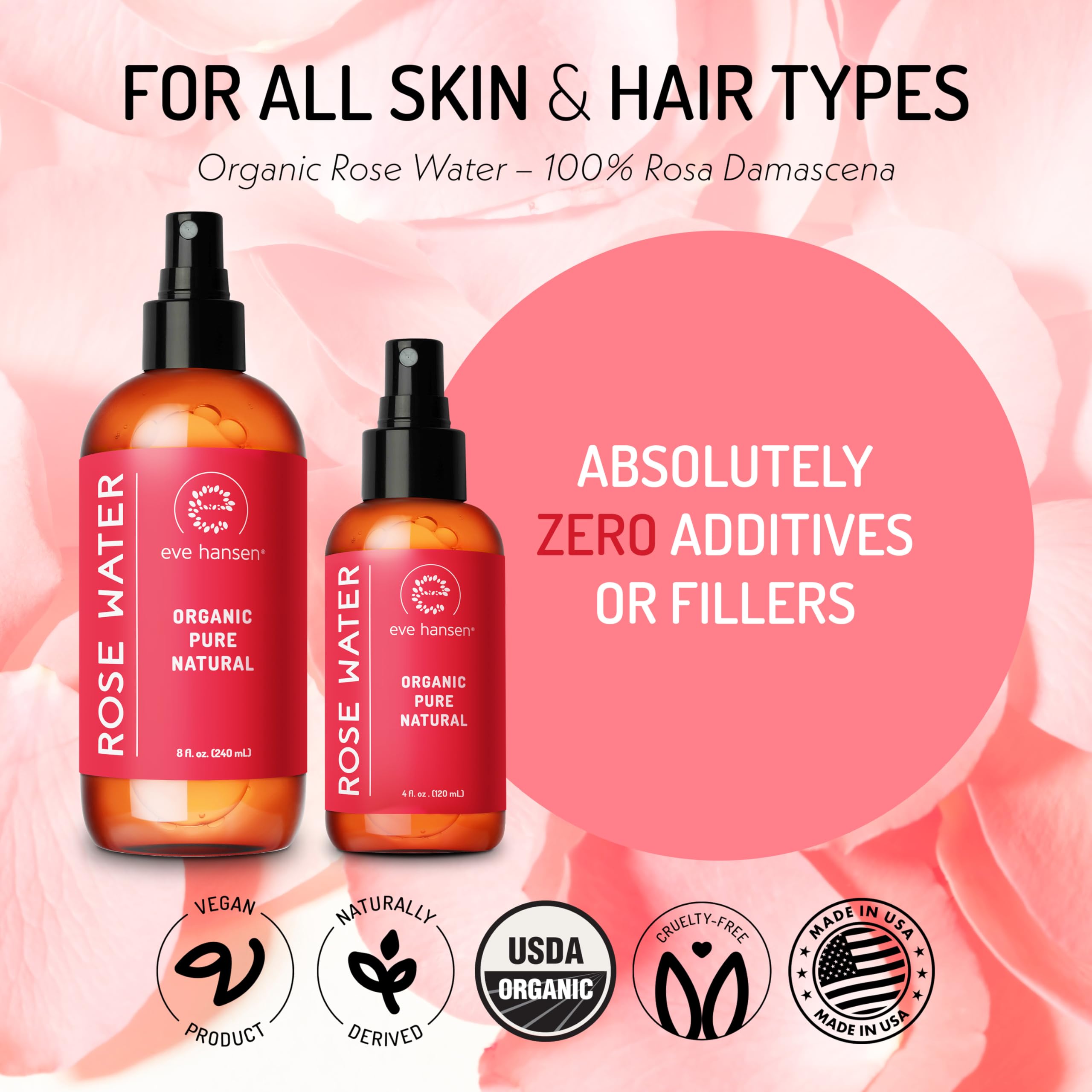 Eve Hansen Organic Rose Water Spray For Face  Huge 8 Oz Moroccan Rosewater Face Toner And Makeup Setting Spray  Soothing Neck An