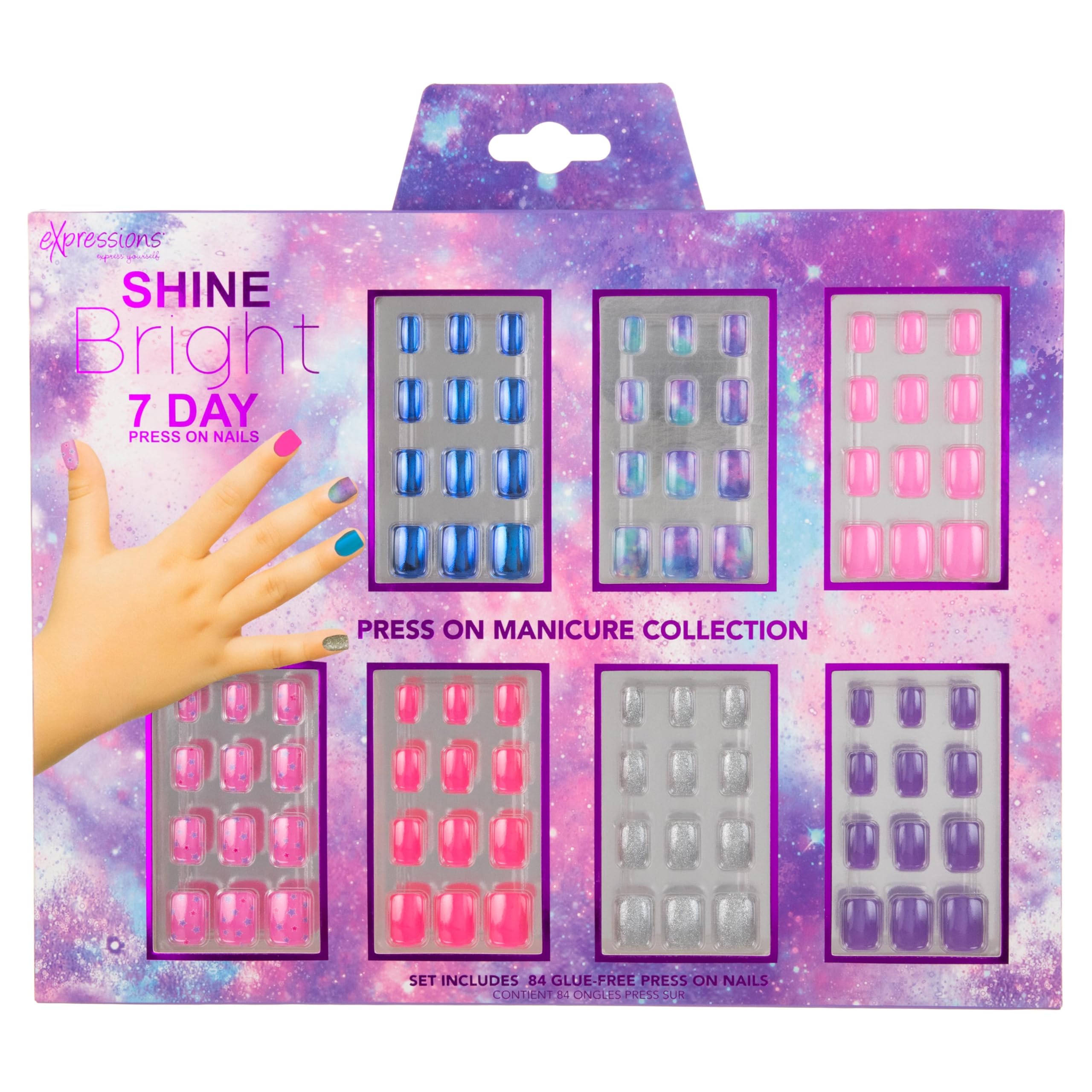 Expressions Girls 7-Day Press On Nails Set | Assorted Colors Nail Accessories For Kids