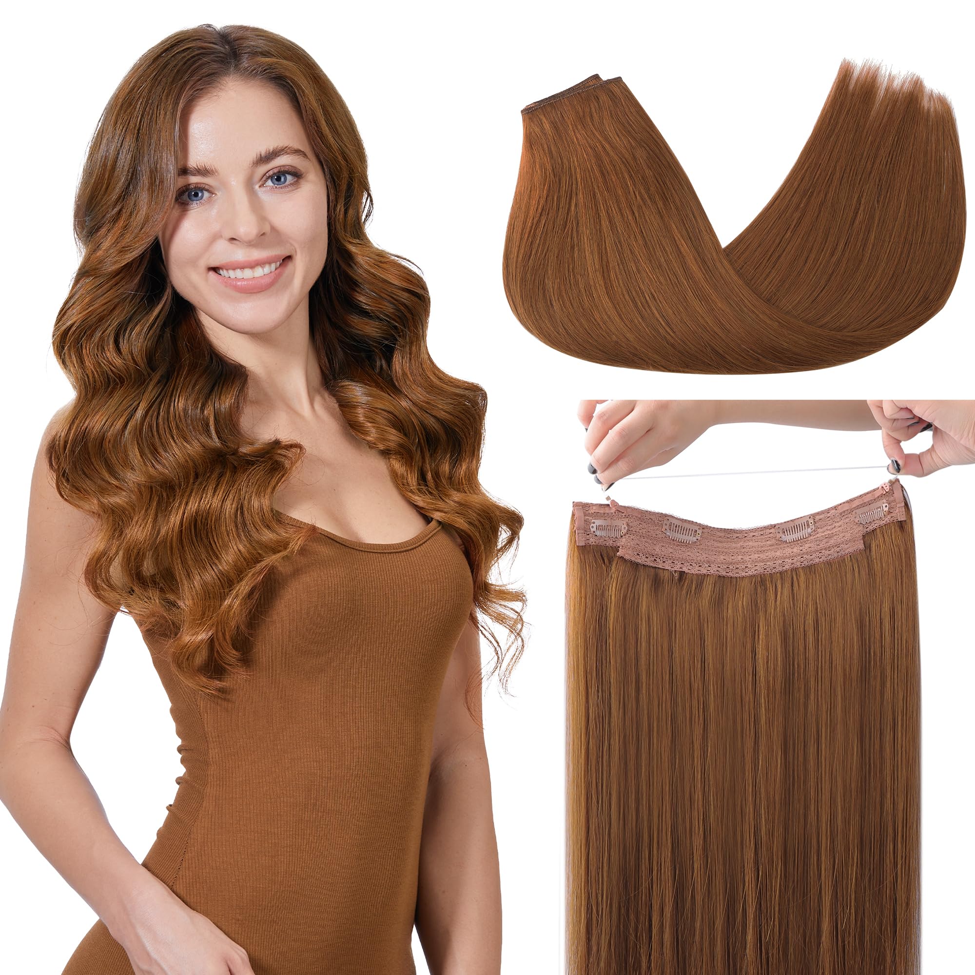 Goo Goo Wire Hair Extensions Human Hair, 350 Copper Natural 18Inch 95G, Invisible Wire Hair Extensions With Transparent, Seamles
