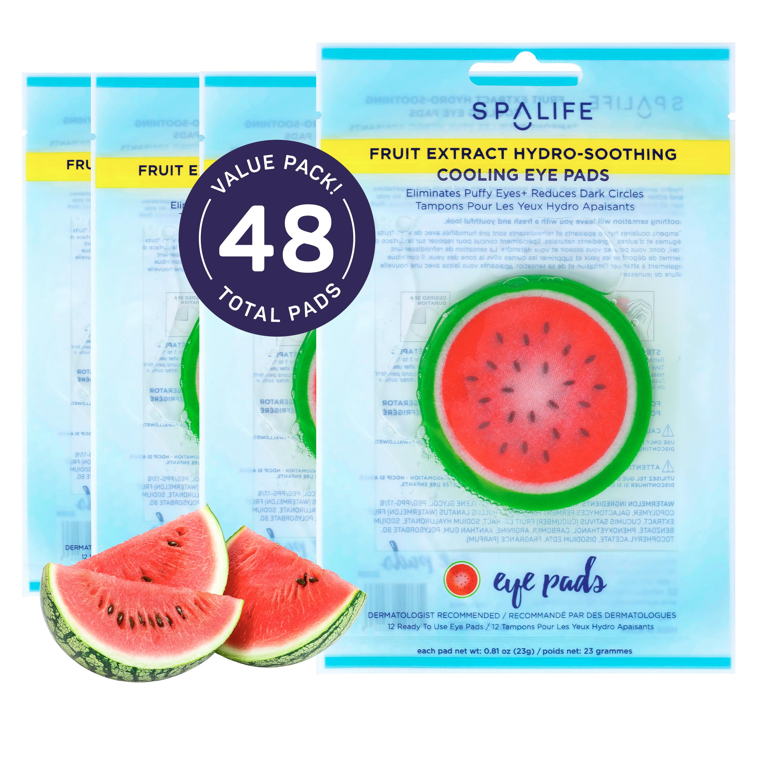 SpaLife Watermelon Cooling Eye Pads, 48 Hydrating Under Eye Patches for Puffiness, Dark Circles, and Tired Eyes, Infused with Hy