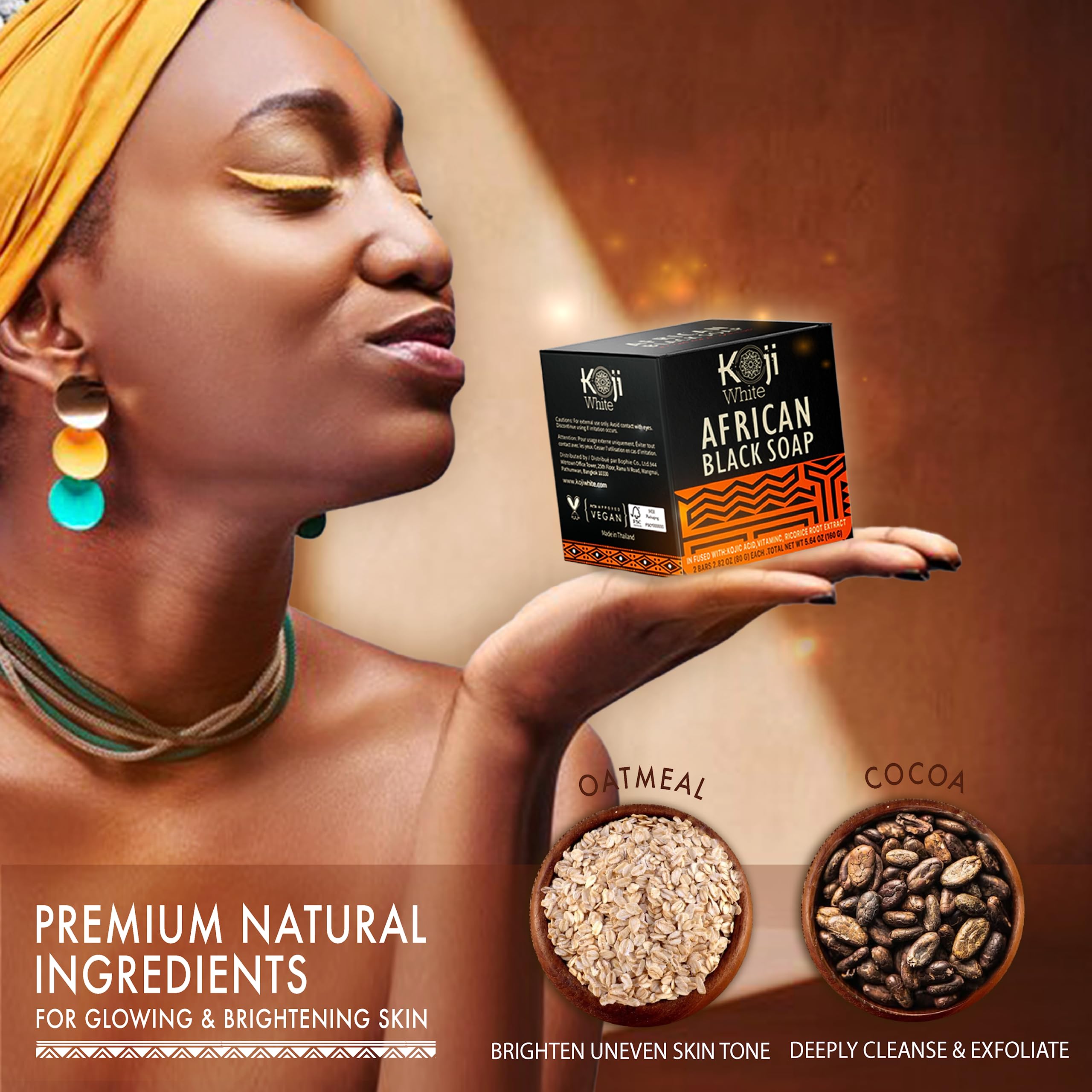 Koji White African Black Soap Bar For Face & Body Wash With Shea Butter - Exfoliating Soap, Moisturizer Skin With Kojic Acid, Al